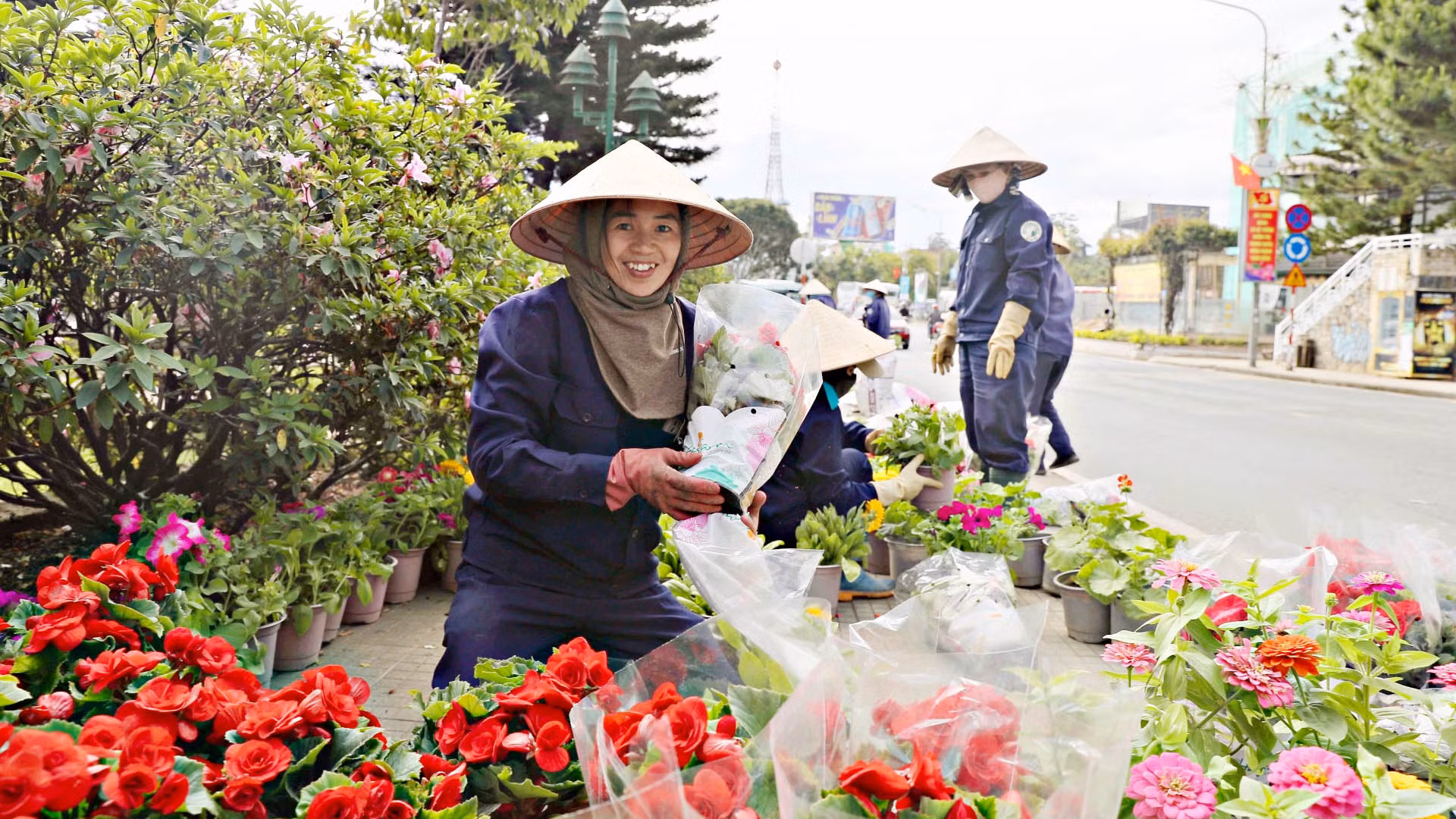 Niềm vui công nhân đô thị khi được tận tay "sắp đặt" tiểu cảnh hoa.