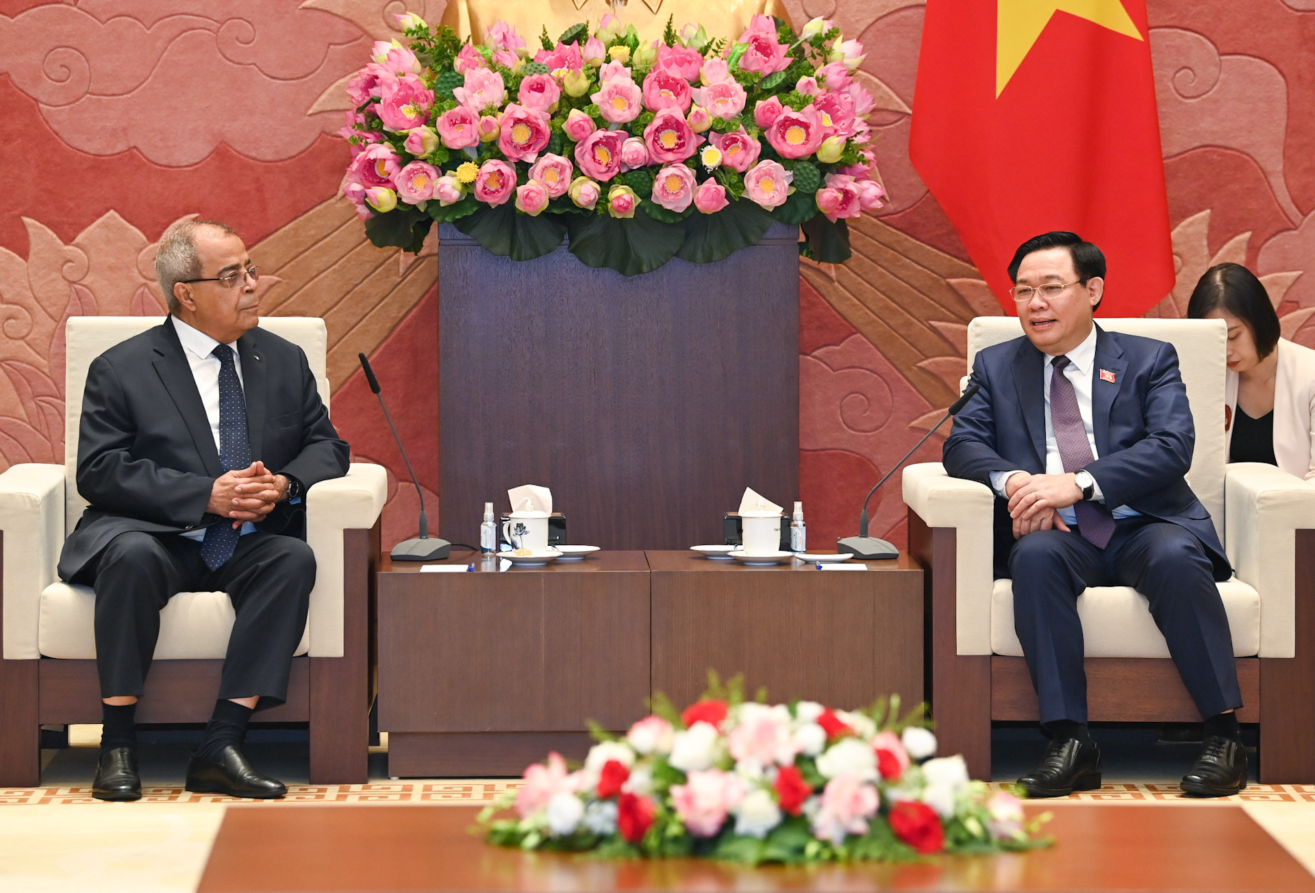 Chủ tịch Quốc hội Vương Đình Huệ và Bộ trưởng Công nghiệp và Sản xuất Dược phẩm Algeria Ali Aoun tại buổi tiếp. Chủ tịch Quốc hội Vương Đình Huệ và Bộ trưởng Công nghiệp và Sản xuất Dược phẩm Algeria Ali Aoun tại buổi tiếp.