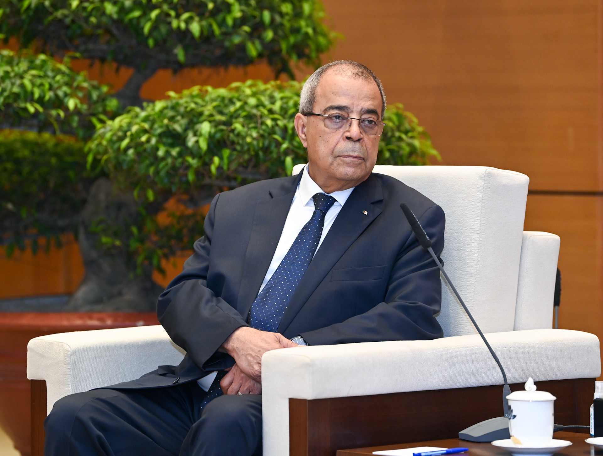 Bộ trưởng Công nghiệp và Sản xuất Dược phẩm Algeria, Chủ tịch Ủy ban Liên Chính phủ Algeria-Việt Nam Ali Aoun phát biểu dự buổi tiếp. Bộ trưởng Công nghiệp và Sản xuất Dược phẩm Algeria, Chủ tịch Ủy ban Liên Chính phủ Algeria-Việt Nam Ali Aoun phát biểu dự buổi tiếp.