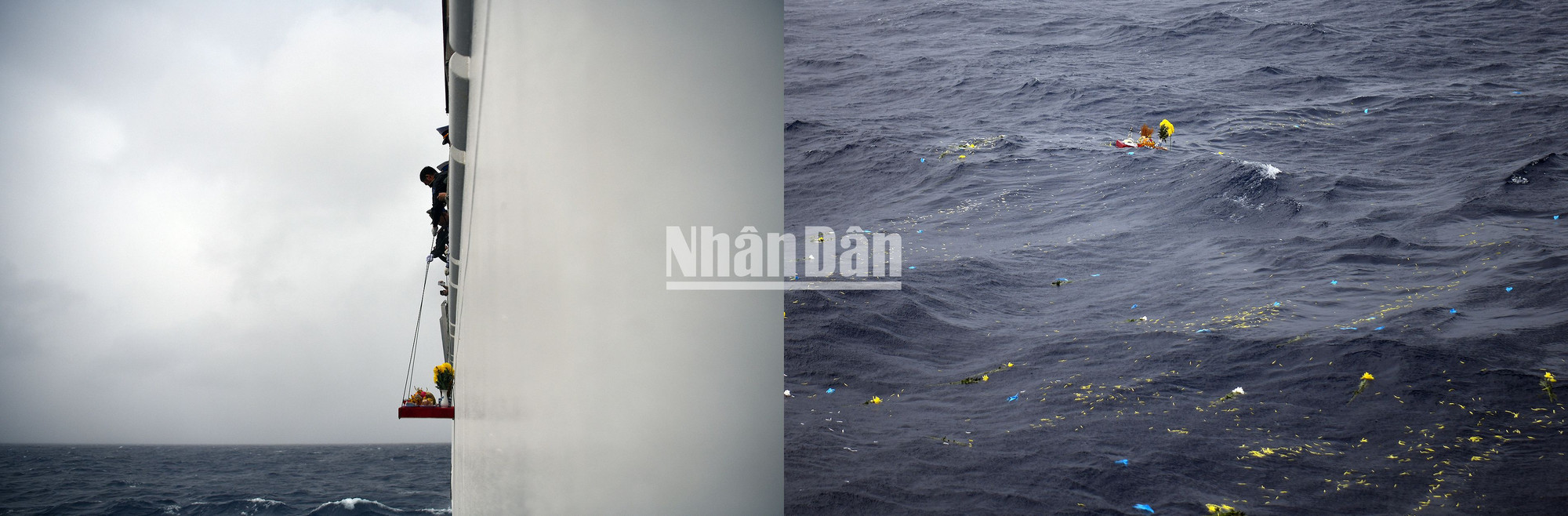 Hương hoa, lễ vật được thả xuống biển, mang theo tấm lòng tri ân sâu sắc, thành kính.