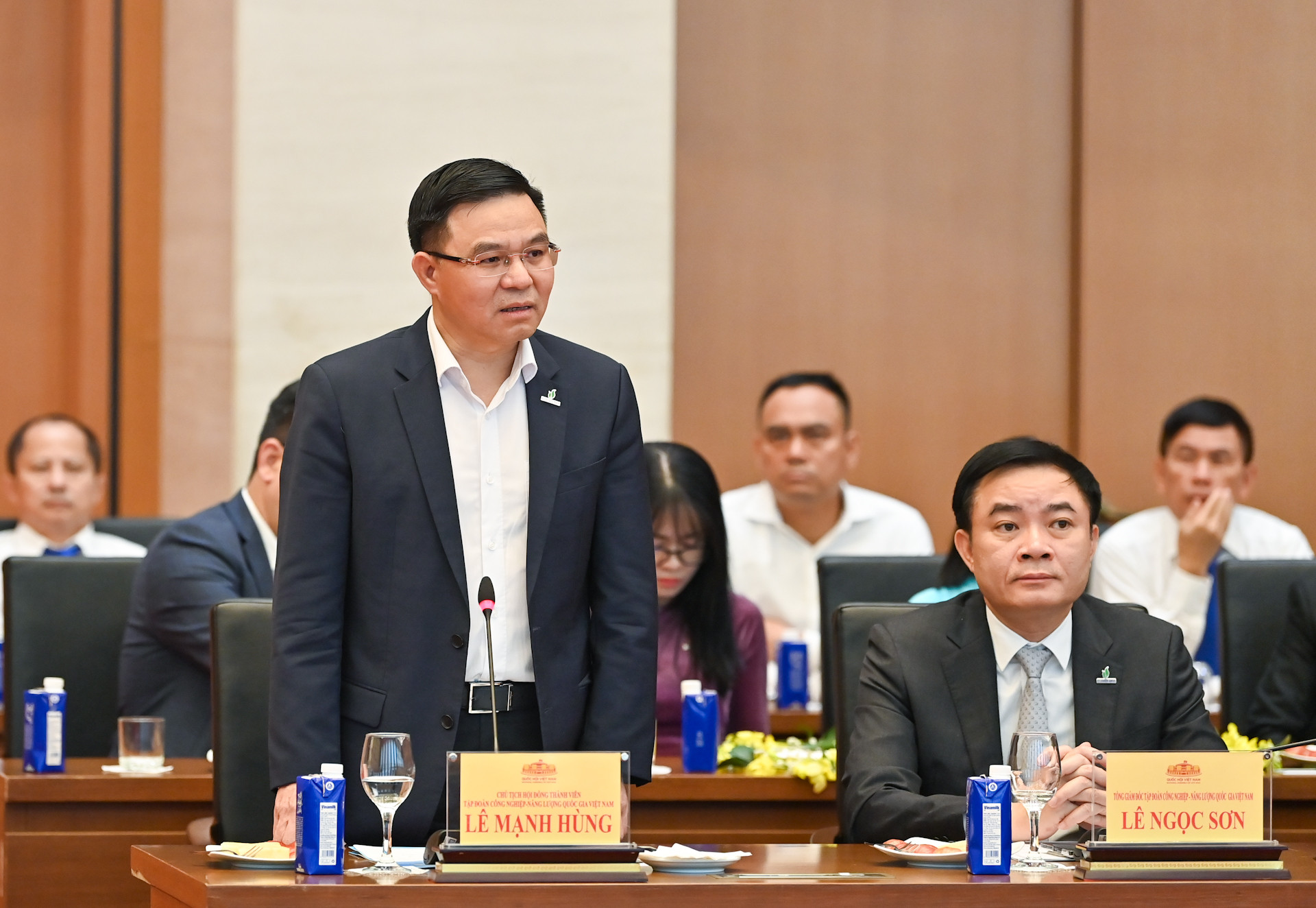 Chủ tịch Tập đoàn Công nghiệp-Năng lượng quốc gia Việt Nam Lê Mạnh Hùng phát biểu tại buổi gặp mặt.