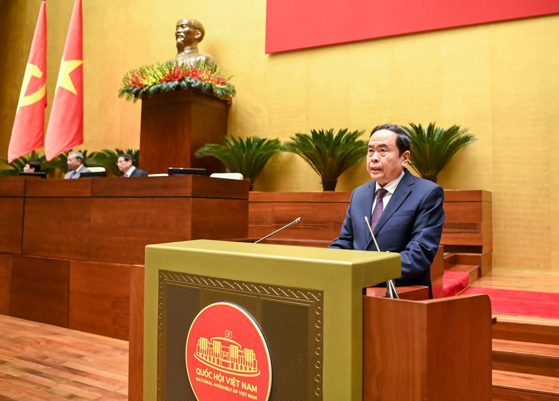 Chủ tịch Quốc hội Trần Thanh Mẫn trình bày nội dung chủ trương, giải pháp về thể chế pháp luật để đột phá phát triển khoa học, công nghệ, đổi mới, sáng tạo và chuyển đổi số quốc gia.