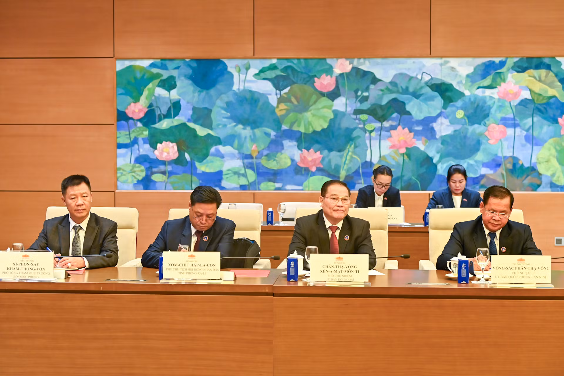 Các thành viên tháp tùng Phó Chủ tịch Quốc hội Lào dự buổi tiếp.