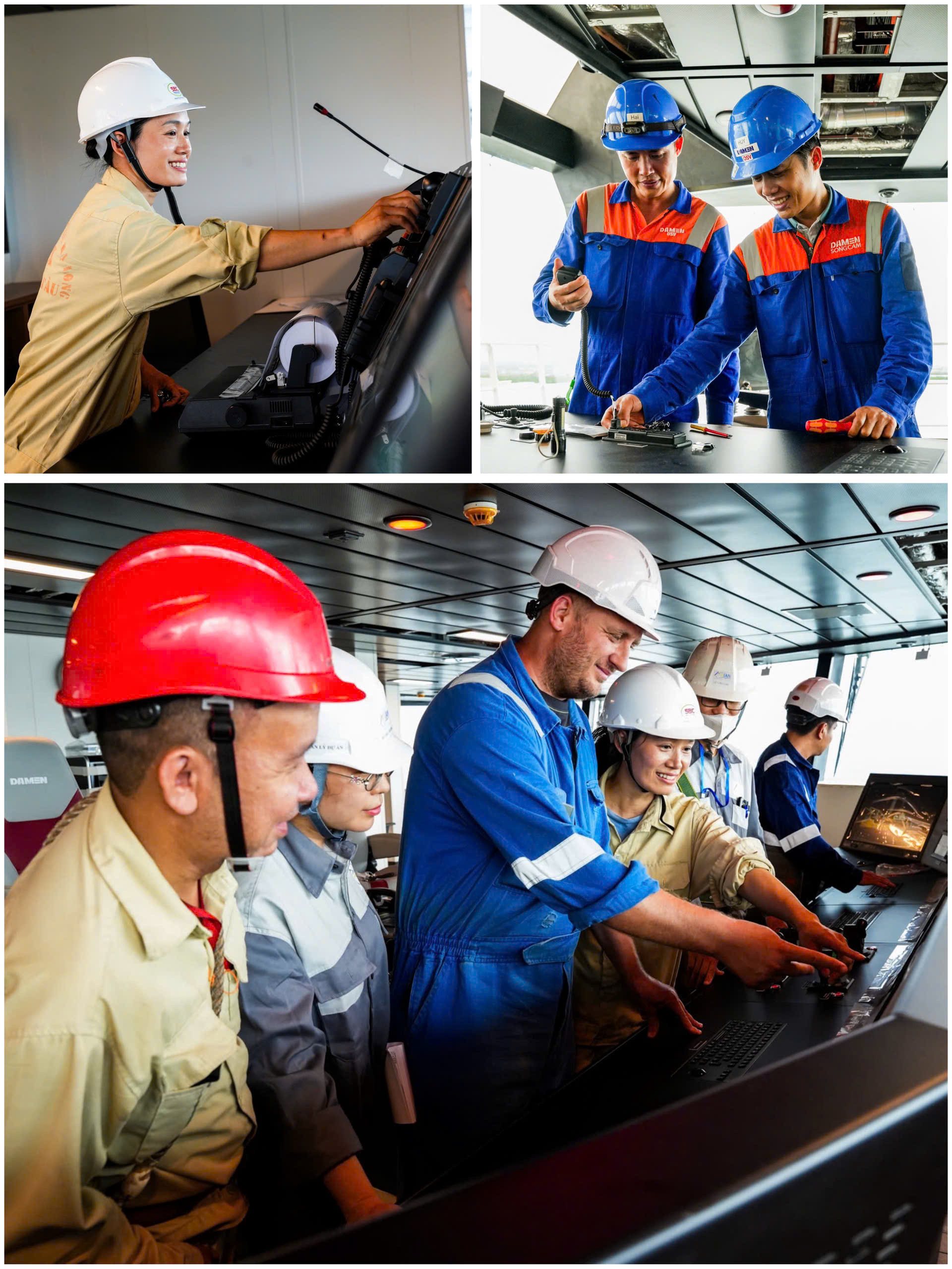 Kỹ sư, công nhân của Việt Nam và nước ngoài đang hoàn thiện những công việc cuối cùng ở bên trong con tàu.