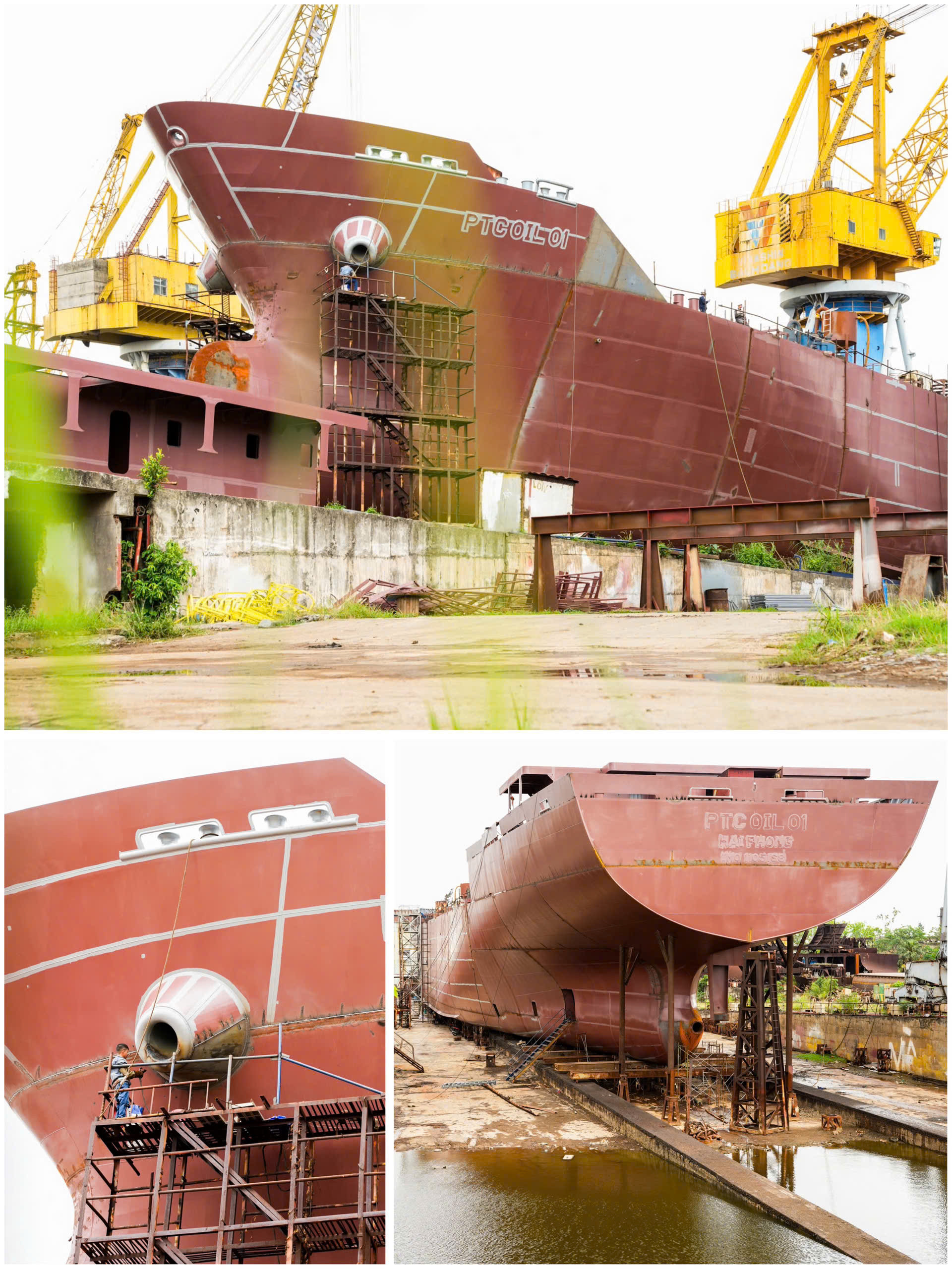 Công việc hoàn thiện ngoài vỏ tàu nhà máy đóng tàu Nam Triệu ( Hải Phòng).