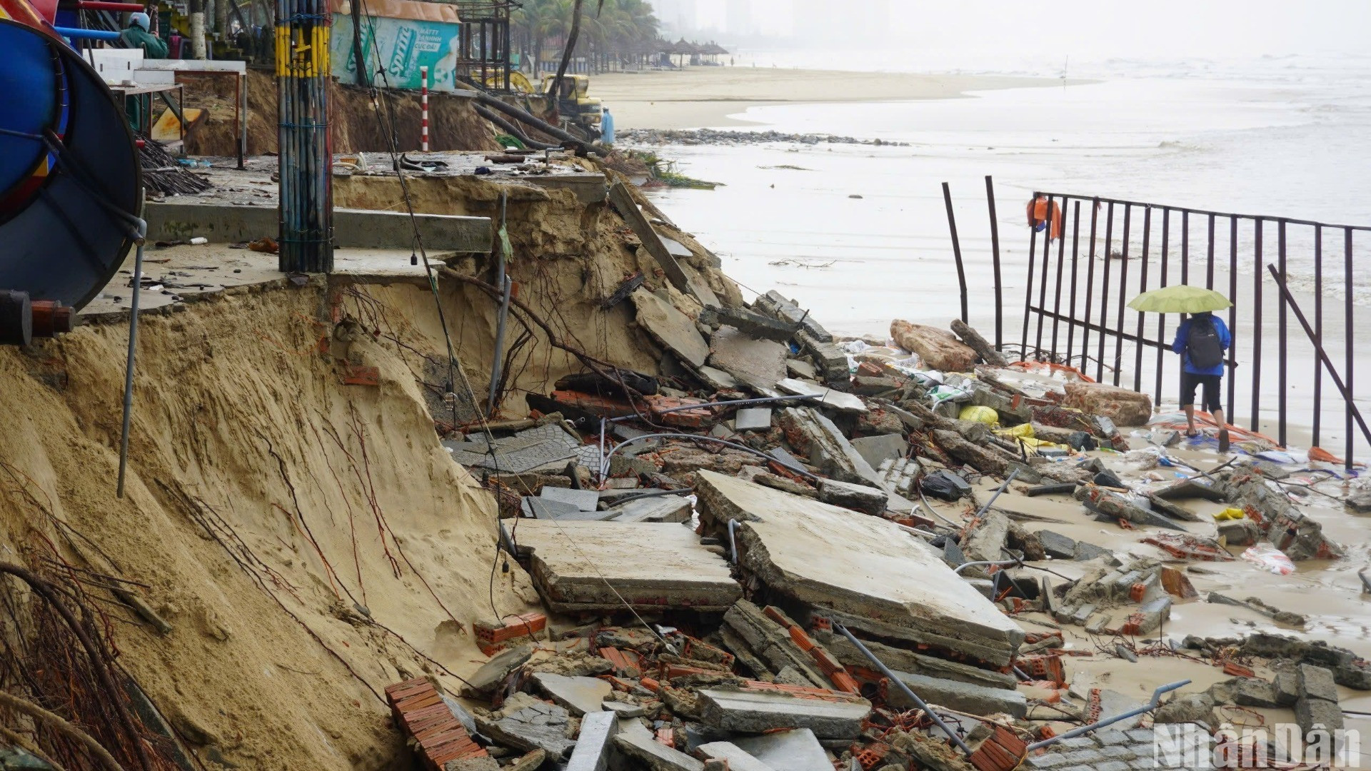 Tại các khu vực sạt lở nêu trên, nước biển xói sâu vào bãi biển, hình thành các vũng xoáy và có xu hướng dịch chuyển theo thời gian, các vị trí sạt lở làm ngã đổ cây dừa, hư hỏng tài sản của các tổ kinh doanh dịch vụ ven biển… có nguy cơ sạt lở hư hỏng hạ tầng khu vực lân cận. (Ảnh: ANH ĐÀO)
