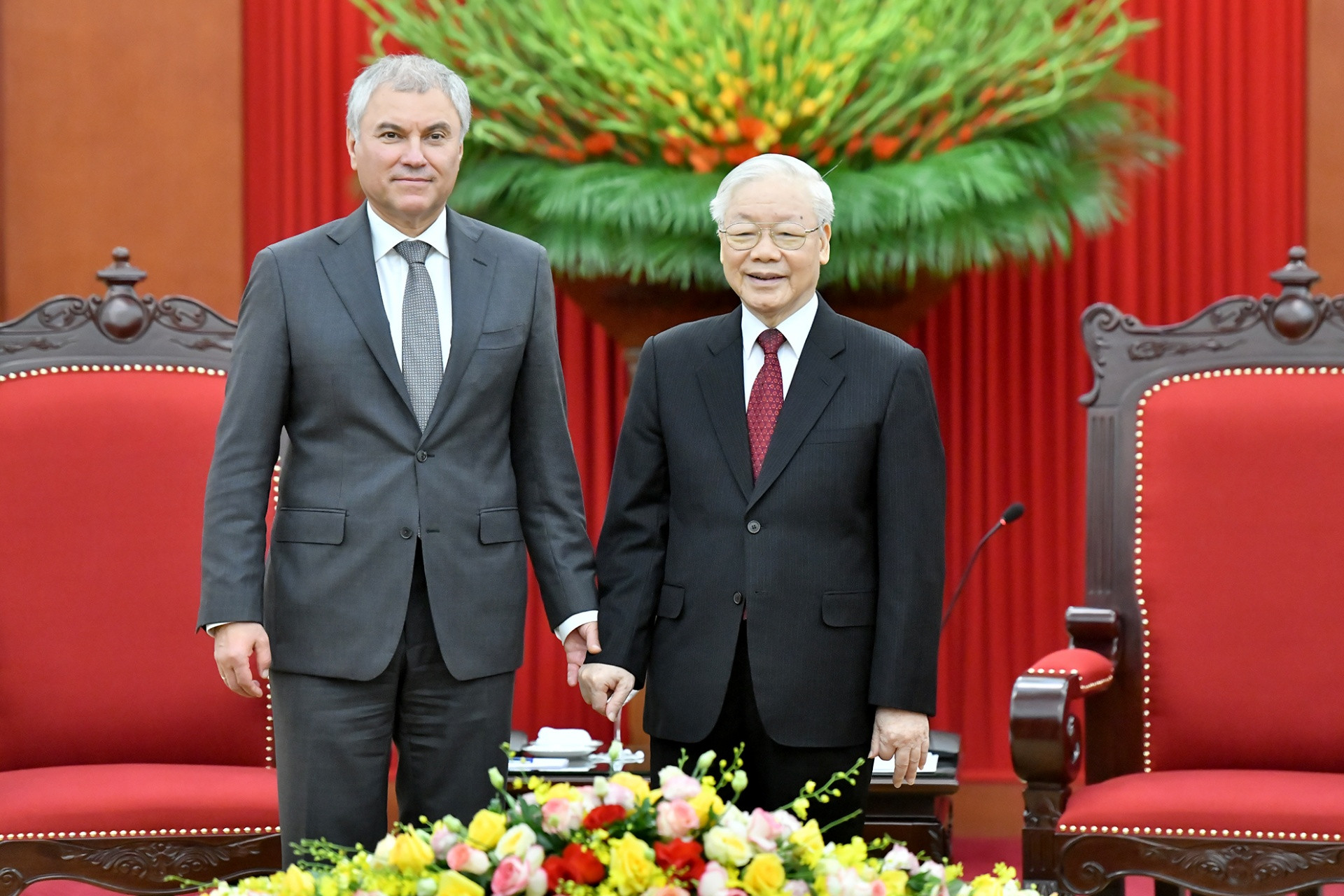 Tổng Bí thư Nguyễn Phú Trọng với Chủ tịch Duma Quốc gia Nga Vyacheslav Viktorovich Volodin tại buổi tiếp.