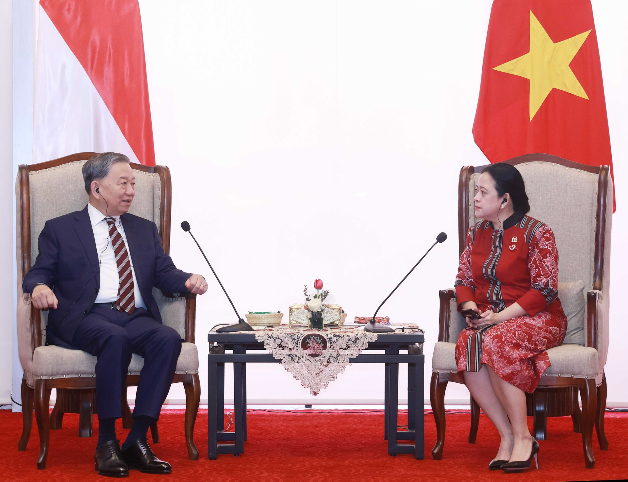 Tổng Bí thư Tô Lâm gặp Chủ tịch Hạ viện Indonesia Puan Maharani. (Ảnh: Thống Nhất/TTXVN)