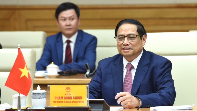 Thủ tướng Phạm Minh Chính phát biểu tại cuộc hội kiến Chủ tịch Hội đồng Quốc gia Liên bang Thụy Sĩ Martin Candinas.