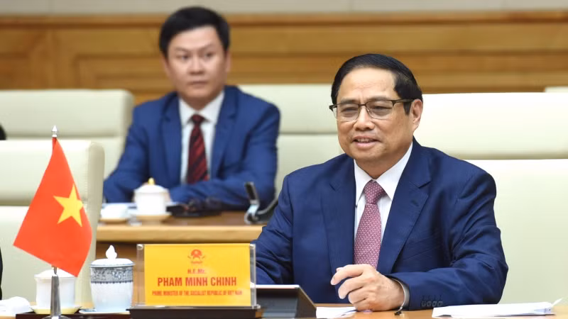 Thủ tướng Phạm Minh Chính phát biểu tại cuộc hội kiến Chủ tịch Hội đồng Quốc gia Liên bang Thụy Sĩ Martin Candinas.