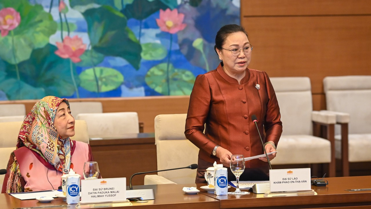 Đại sứ Cộng hòa Dân chủ Nhân dân Lào Khamphao Ernthavanh, Chủ tịch ASEAN 2024 phát biểu tại cuộc tiếp.