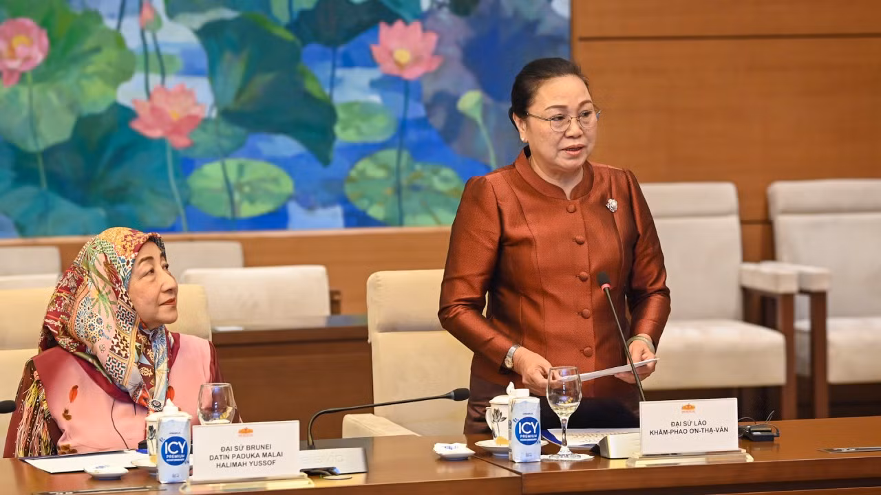 Đại sứ Cộng hòa Dân chủ Nhân dân Lào Khamphao Ernthavanh, Chủ tịch ASEAN 2024 phát biểu tại cuộc tiếp.