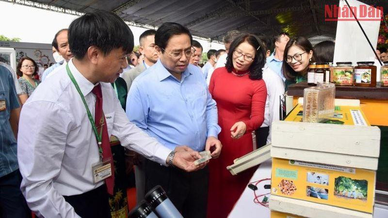 Thủ tướng thăm các gian hàng trưng bày sản phẩm nông nghiệp.