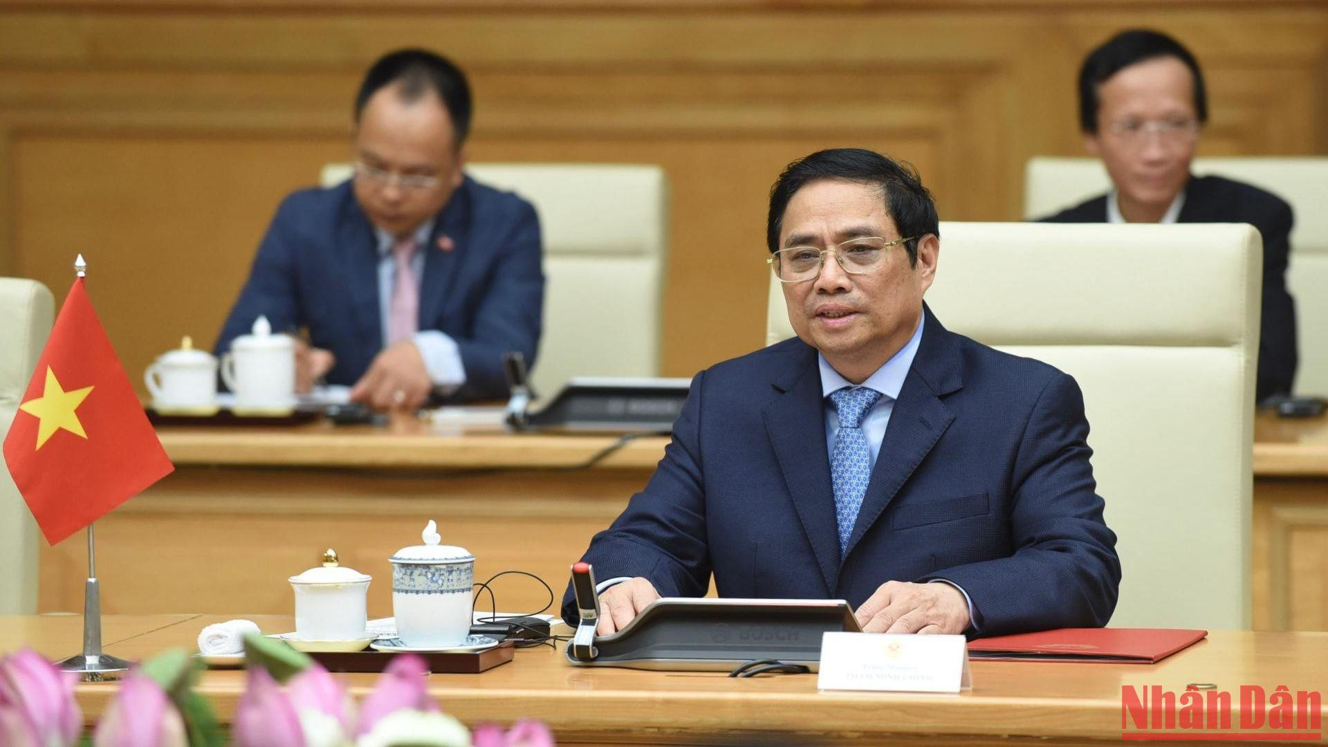 Thủ tướng Phạm Minh Chính phát biểu tại buổi tiếp Thường trực Ban Bí thư, Phó Chủ tịch nước Lào Bounthong Chitmany.