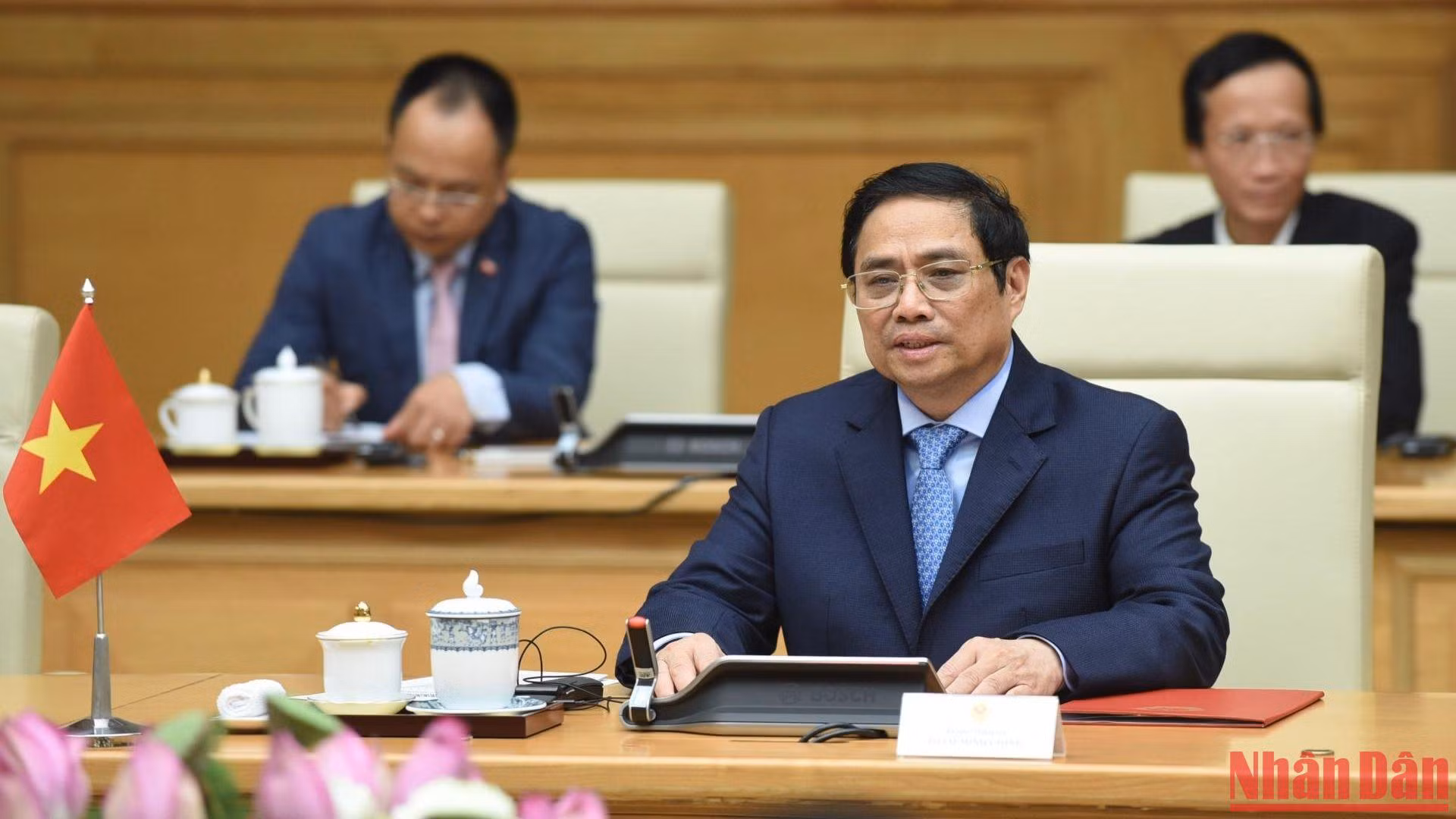 Thủ tướng Phạm Minh Chính phát biểu tại buổi tiếp Thường trực Ban Bí thư, Phó Chủ tịch nước Lào Bounthong Chitmany.