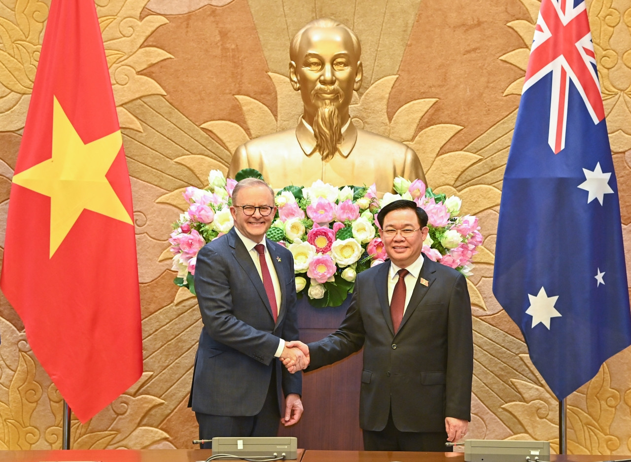 Chủ tịch Quốc hội Vương Đình Huệ và Thủ tướng Australia Anthony Albanese tại buổi tiếp.
