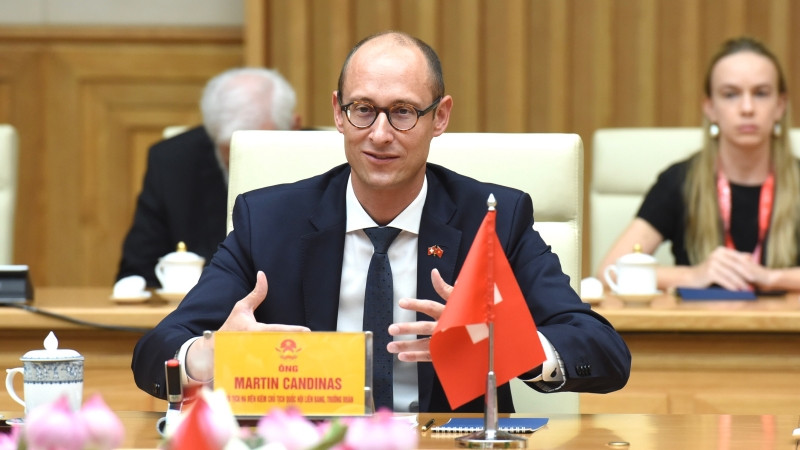 Chủ tịch Hội đồng Quốc gia Liên bang Thụy Sĩ Martin Candinas phát biểu tại cuộc hội kiến Thủ tướng Phạm Minh Chính.