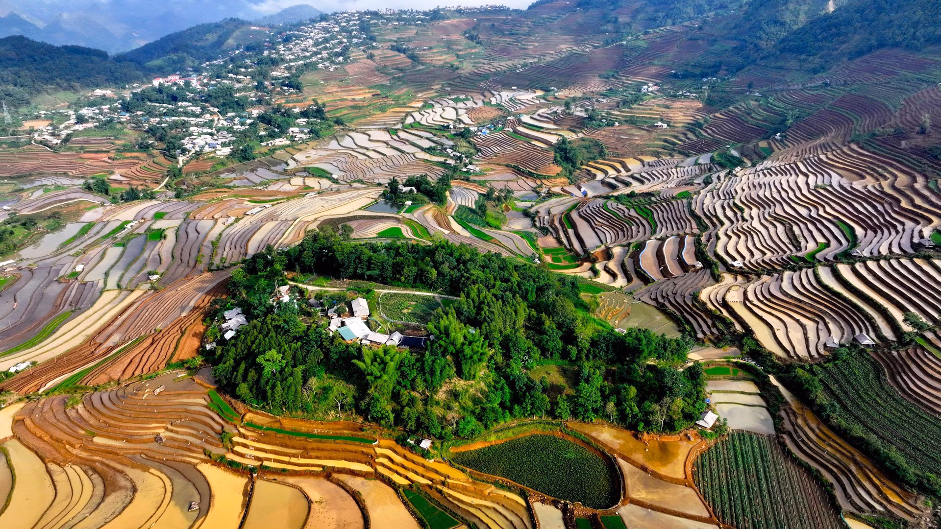 Từ trên cao nhìn xuống, ruộng bậc thang như những bức tranh đa màu sắc của non cao khiến du khách, các nhiếp ảnh gia và các nhà làm phim say đắm.