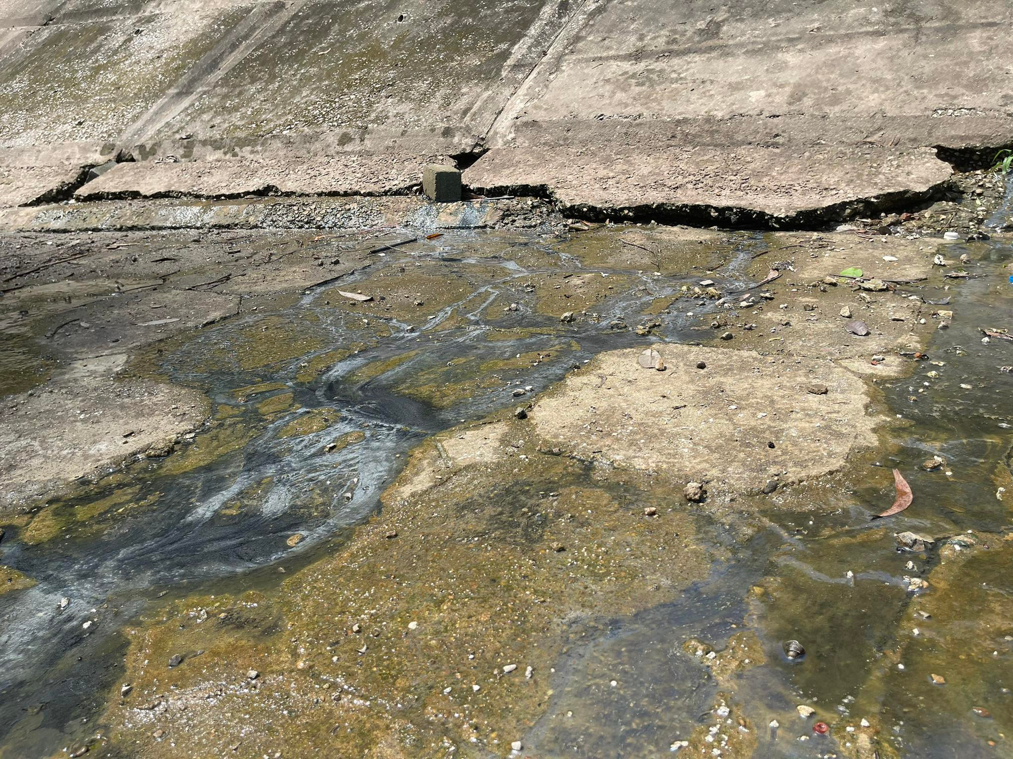 Vệt dầu loang từ vệ hồ. Tuy nhiên, tại vị trí này không phát hiện ống xả nào. Vệt dầu loang từ vệ hồ. Tuy nhiên, tại vị trí này không phát hiện ống xả nào.
