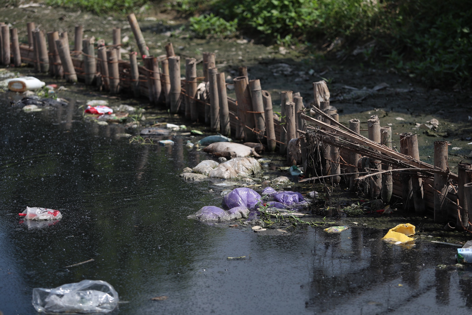 Đủ loại rác được thải ra kênh: Từ túi ni-lông, áo mưa, chai lọ... Nguồn nước tù đọng trở thành ám ảnh với người dân sinh sống tại khu vực này.