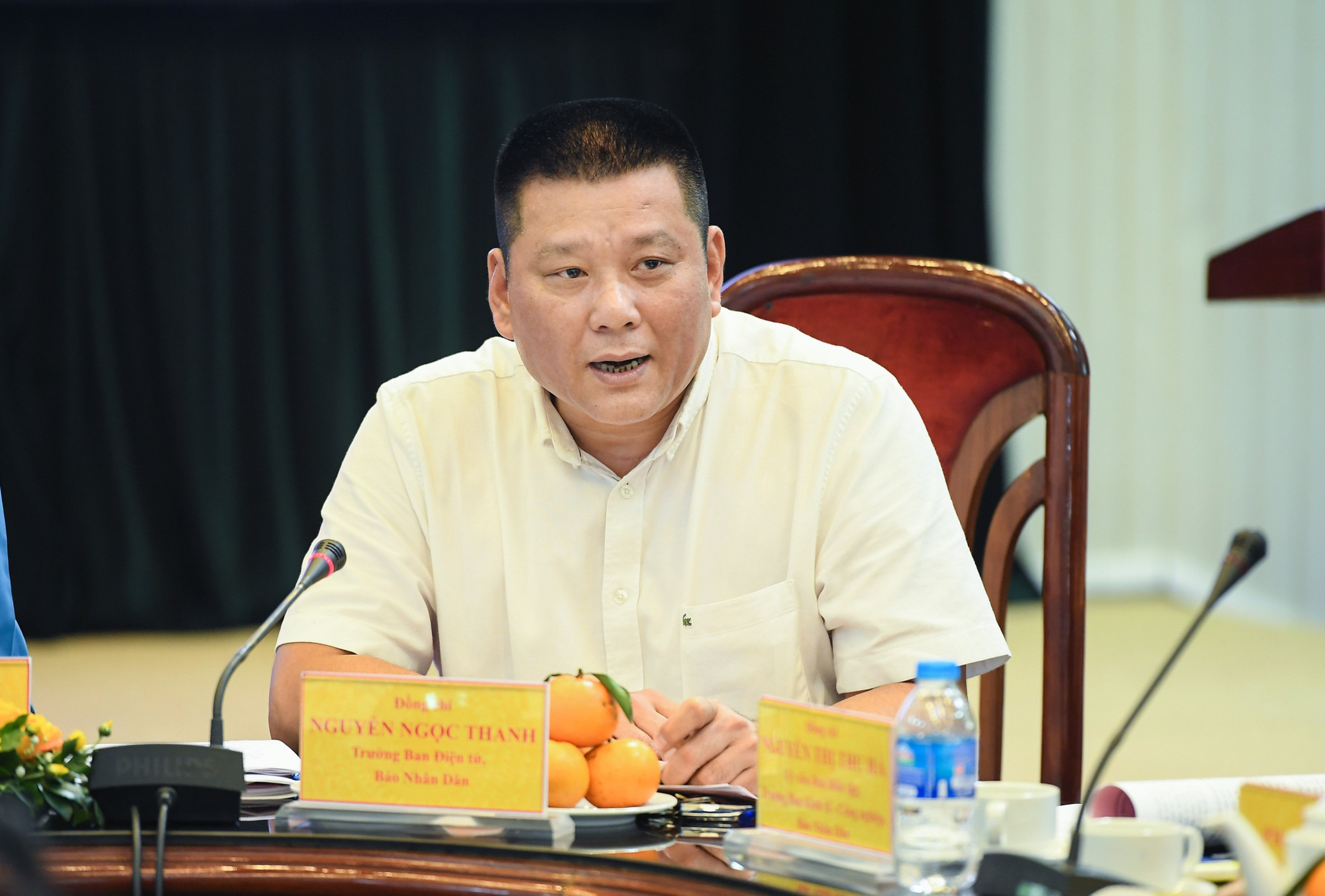 Đồng chí Nguyễn Ngọc Thanh, Trưởng Ban Nhân Dân điện tử, Báo Nhân Dân đồng chủ trì buổi tọa đàm. Đồng chí Nguyễn Ngọc Thanh, Trưởng Ban Nhân Dân điện tử, Báo Nhân Dân đồng chủ trì buổi tọa đàm.