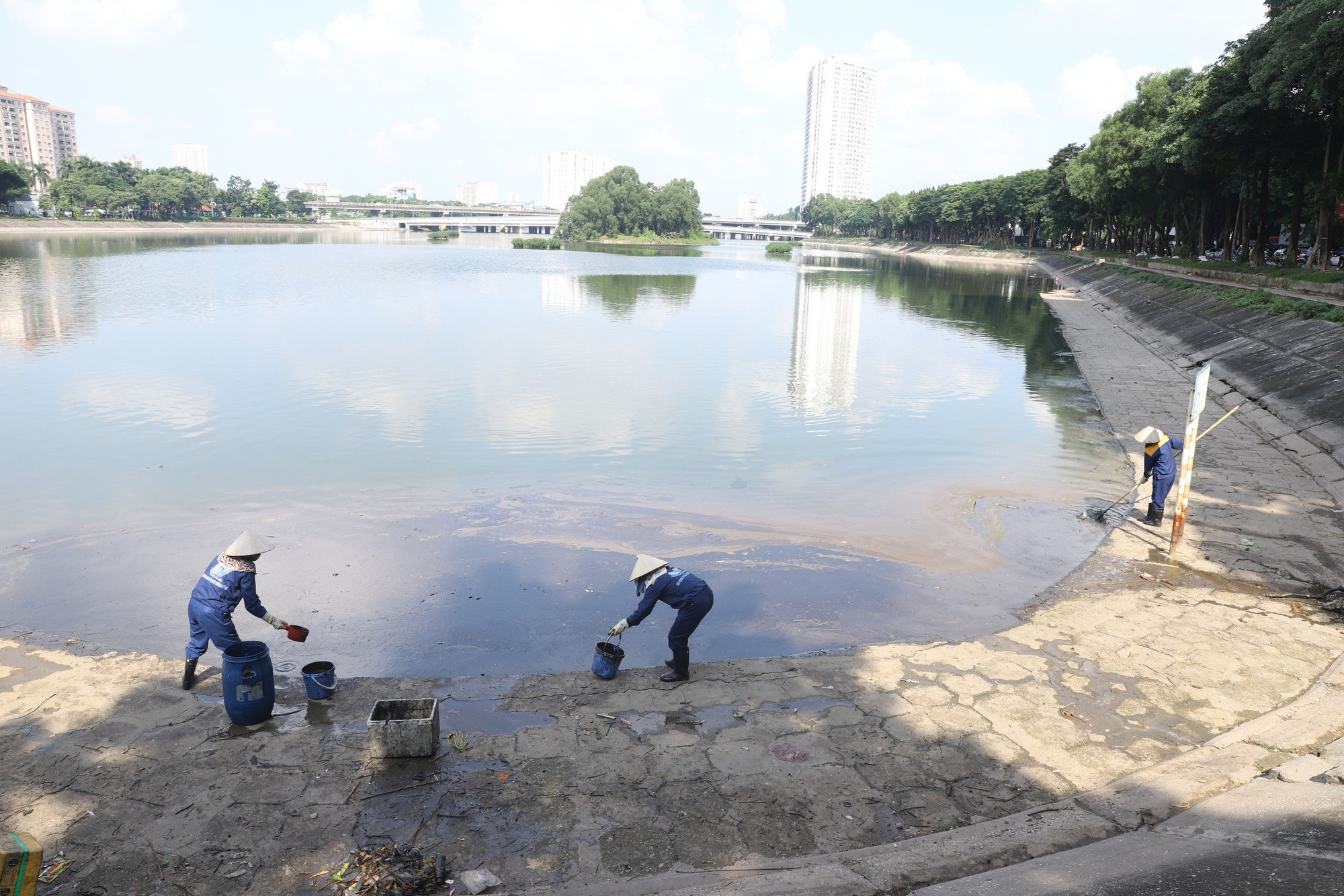 Toàn cảnh khu vực bị nhiễm dầu tại hồ Linh Đàm.