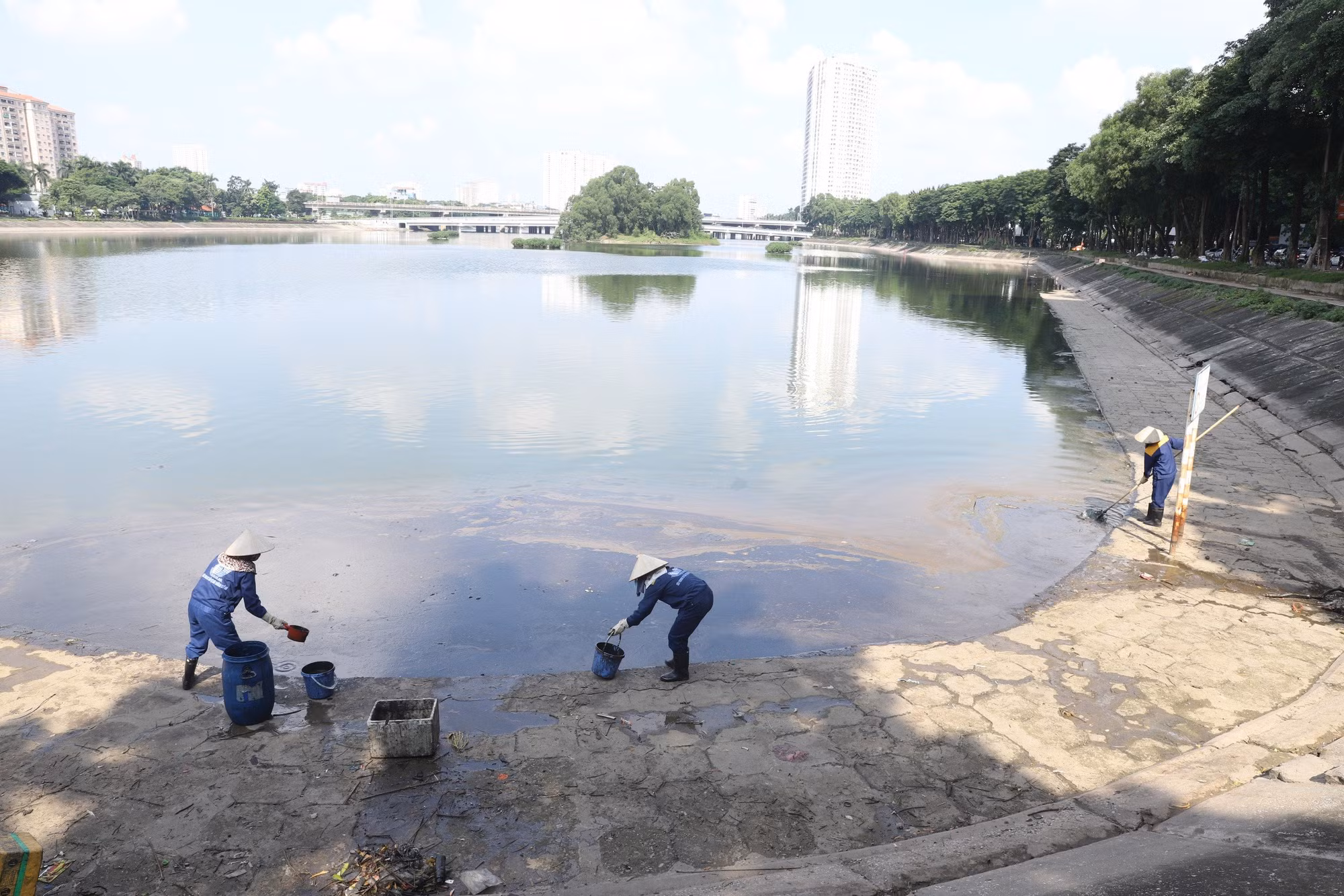 Toàn cảnh khu vực bị nhiễm dầu tại hồ Linh Đàm.