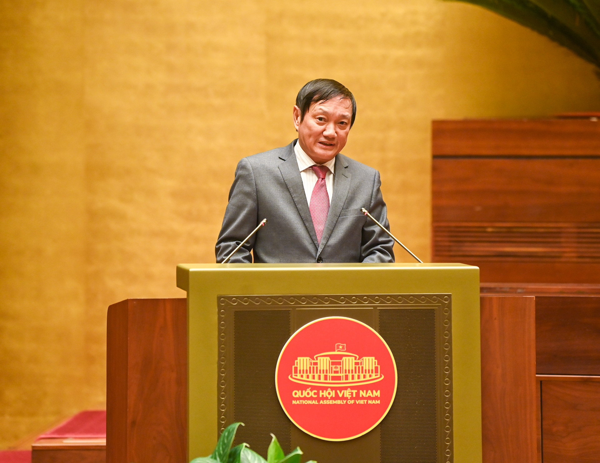 Đại sứ Việt Nam tại Lào Nguyễn Bá Hùng báo cáo tại buổi gặp mặt.