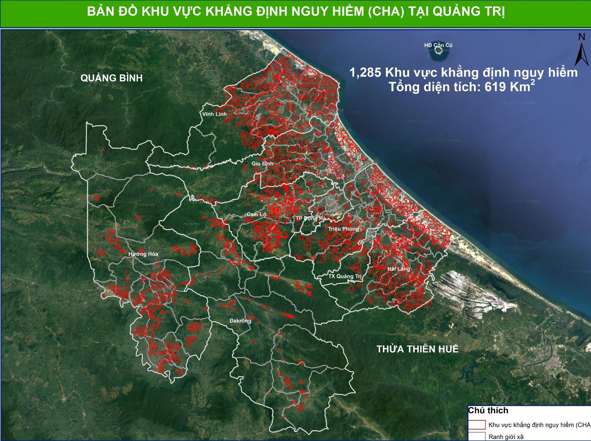 Bản đồ khu vực khẳng định nguy hiểm do bom, mìn, vật nổ tại Quảng Trị.