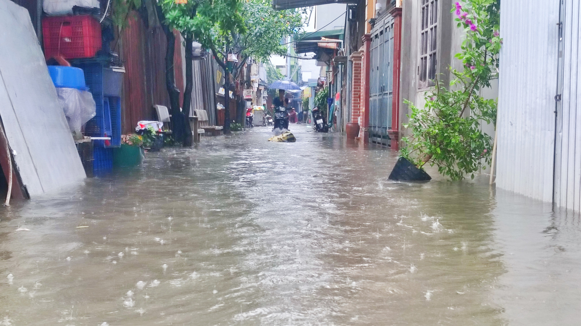 Các ngõ sâu tại khu vực Triều Khúc đều bị ngập rất nặng, mặc dù đã ở thời điểm 13 giờ chiều.