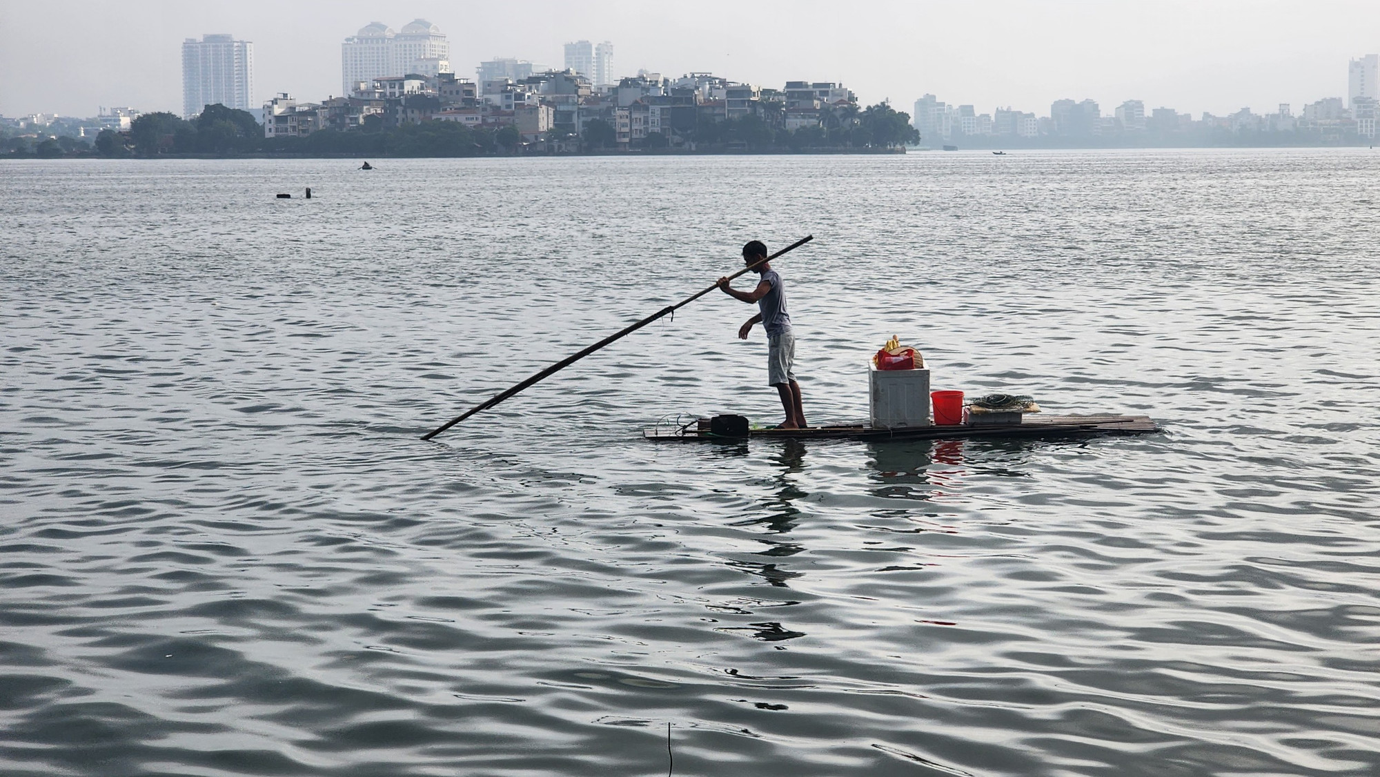 Sáng 19/9, người đàn ông này cũng tranh thủ ra vớt cá chết về làm phân bón cây. Chỉ một lúc, chiếc hộp xốp trên bè đã đầy cá.