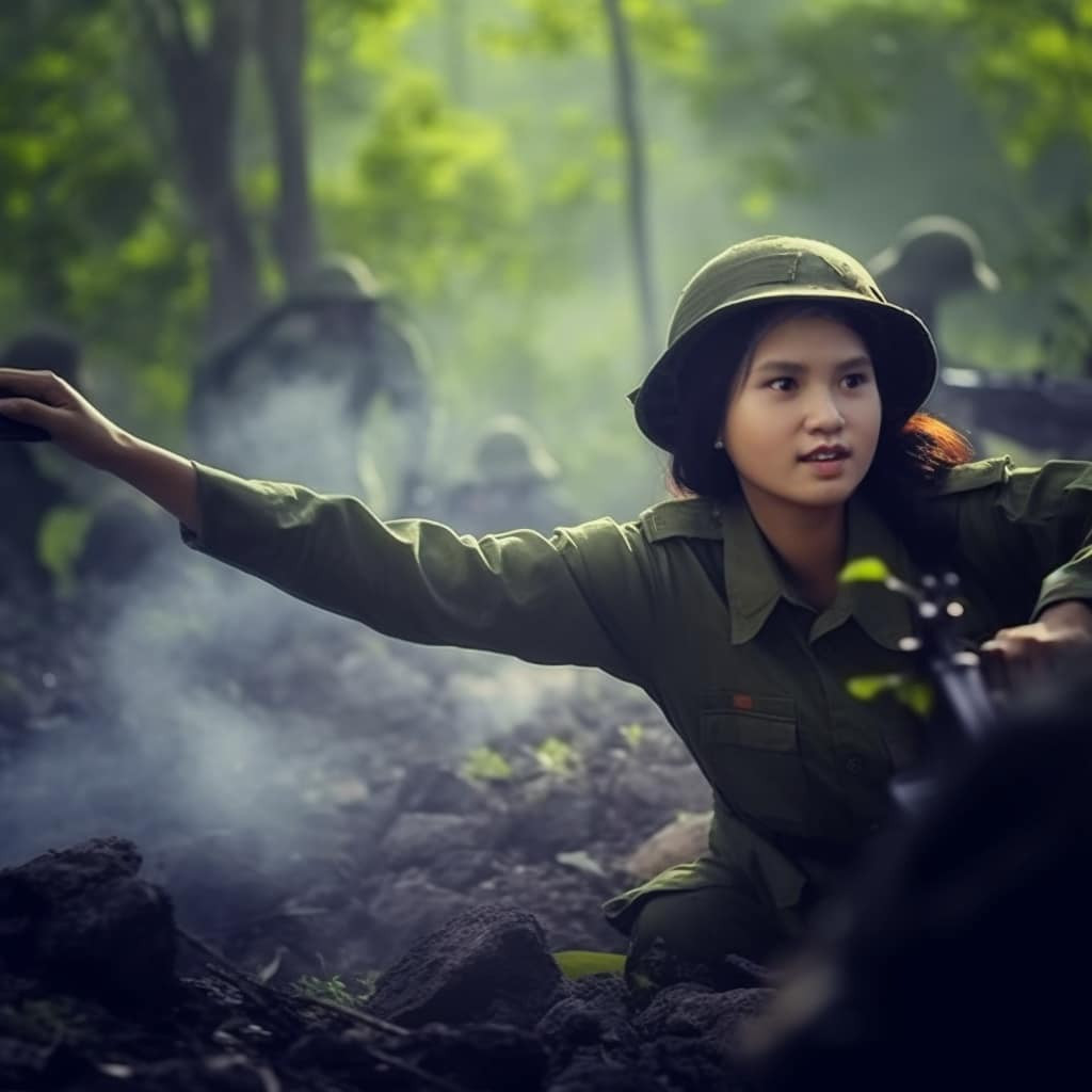 Chân dung liệt sĩ Võ Thị Hà được trí tuệ nhân tạo AI phục dựng trong bối cảnh đi lấp hố bom, vá đường tại ngã ba huyết mạch Đồng Lộc. (Ảnh: Thái Anh)