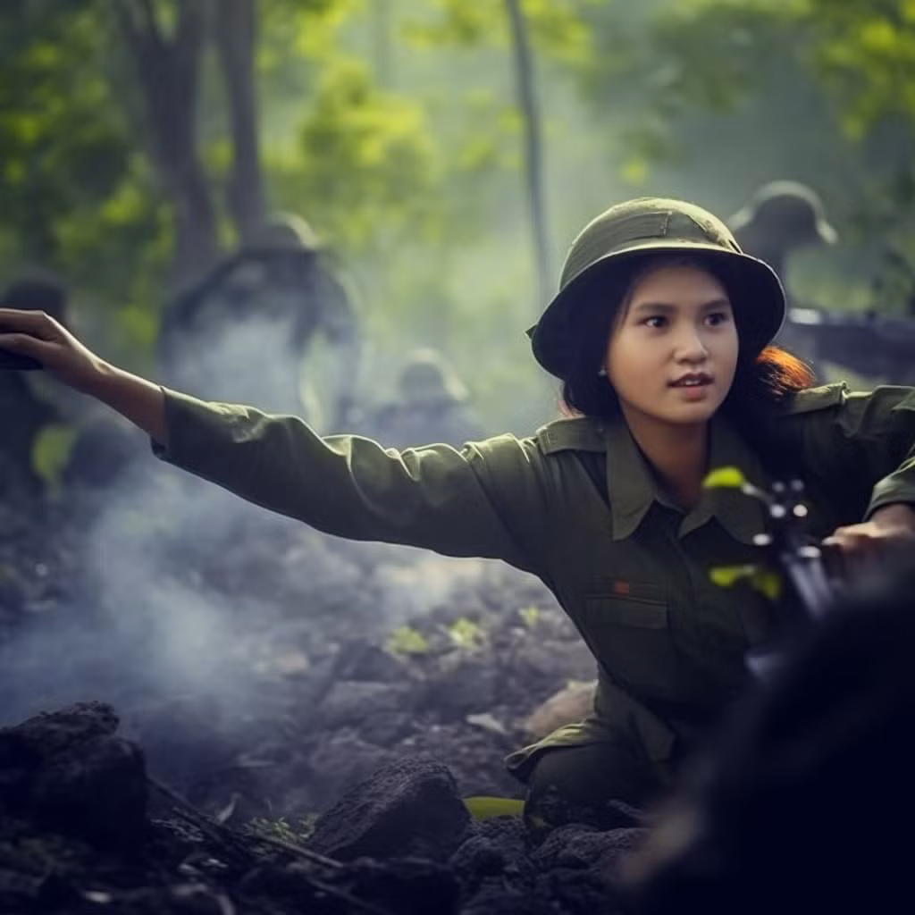 Chân dung liệt sĩ Võ Thị Hà được trí tuệ nhân tạo AI phục dựng trong bối cảnh đi lấp hố bom, vá đường tại ngã ba huyết mạch Đồng Lộc. (Ảnh: Thái Anh)