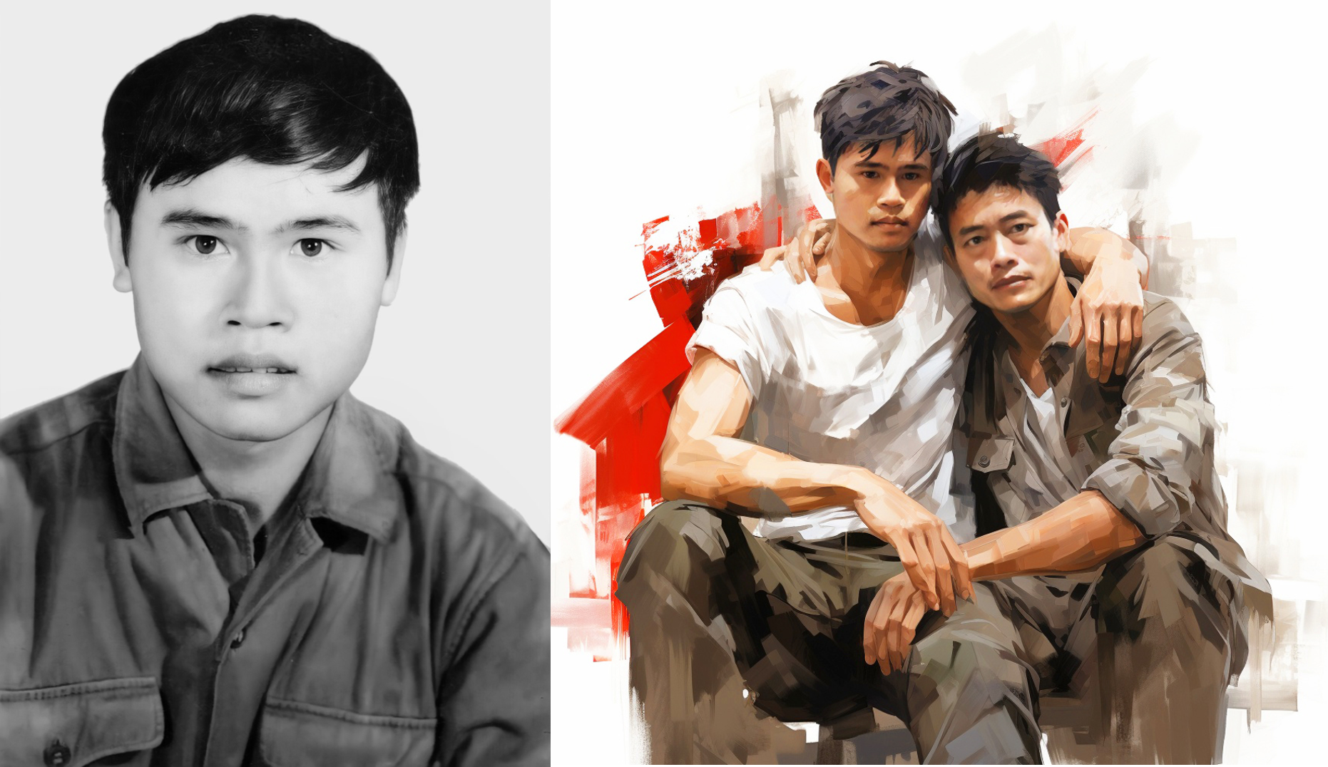 Bức ảnh người thân là liệt sĩ được anh Nguyễn Công Cường sử dụng công nghệ AI phục dựng lại. Anh viết: "Bên trái là bác tôi và bên phải là bố tôi, Bố tôi chưa bao giờ chụp chung với bác 1 tấm ảnh nào thì giờ đây công nghệ có thể cho người thân có thể ngồi cạnh nhau và nhớ về nhau".