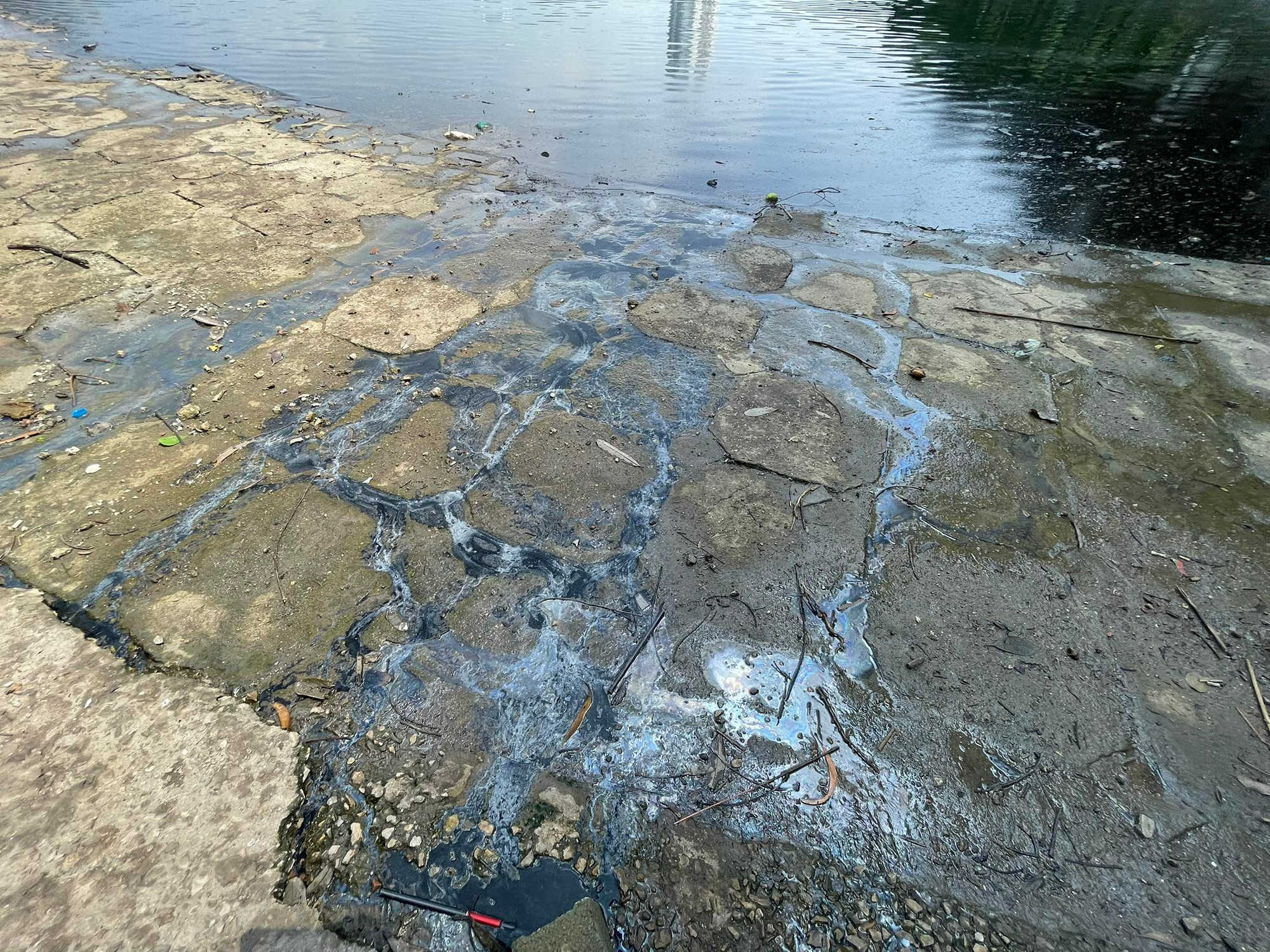 Vệt dầu loang từ khu vực kè hồ. Bằng mắt thường có thể phát hiện váng nhớt nổi lên dày đặc. Vệt dầu loang từ khu vực kè hồ. Bằng mắt thường có thể phát hiện váng nhớt nổi lên dày đặc.