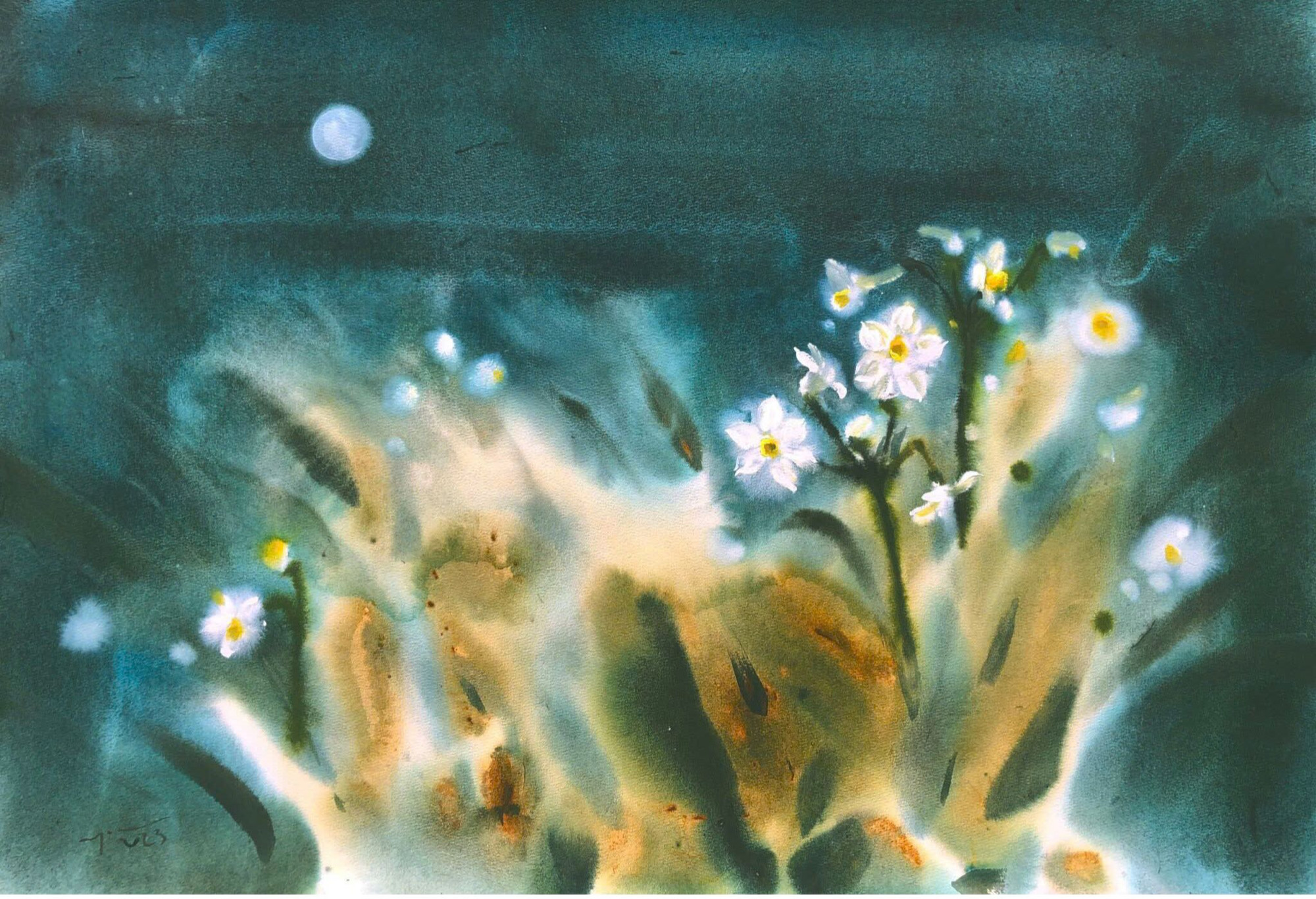 Tác phẩm vẽ hoa thủy tiên của Trương Văn Ngọc.