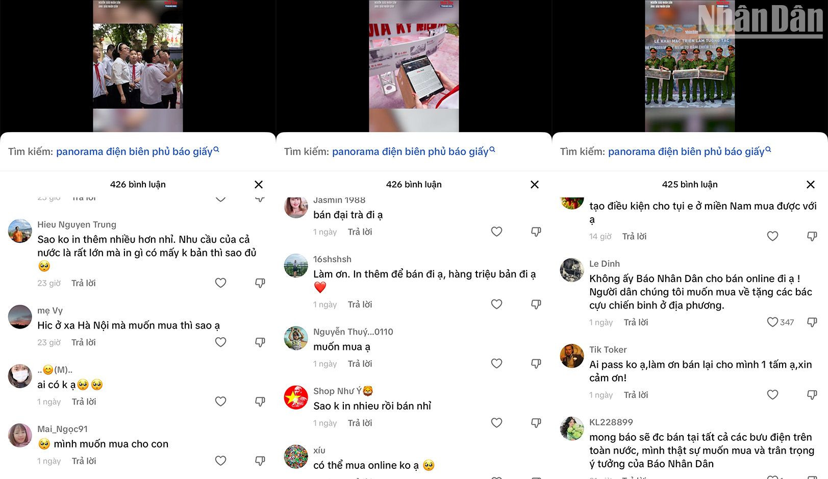 Bạn đọc bình luận trên TikTok "trách" Báo Nhân Dân không in thêm nhiều số đặc biệt ngày 7/5/2024. Bạn đọc bình luận trên TikTok "trách" Báo Nhân Dân không in thêm nhiều số đặc biệt ngày 7/5/2024.