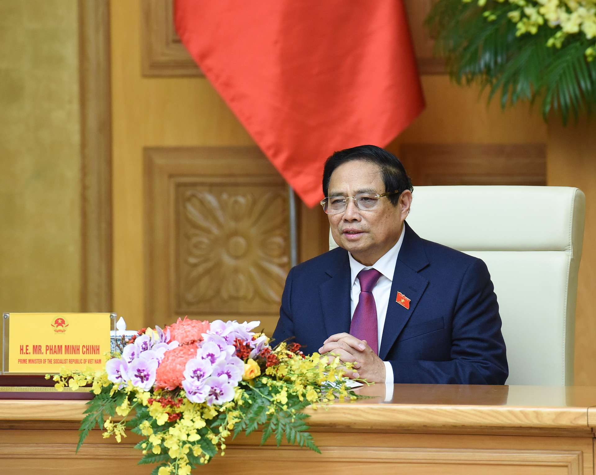 Thủ tướng Phạm Minh Chính phát biểu tại buổi tiếp ông Chey Tae Won, Chủ tịch tập đoàn SK của Hàn Quốc.