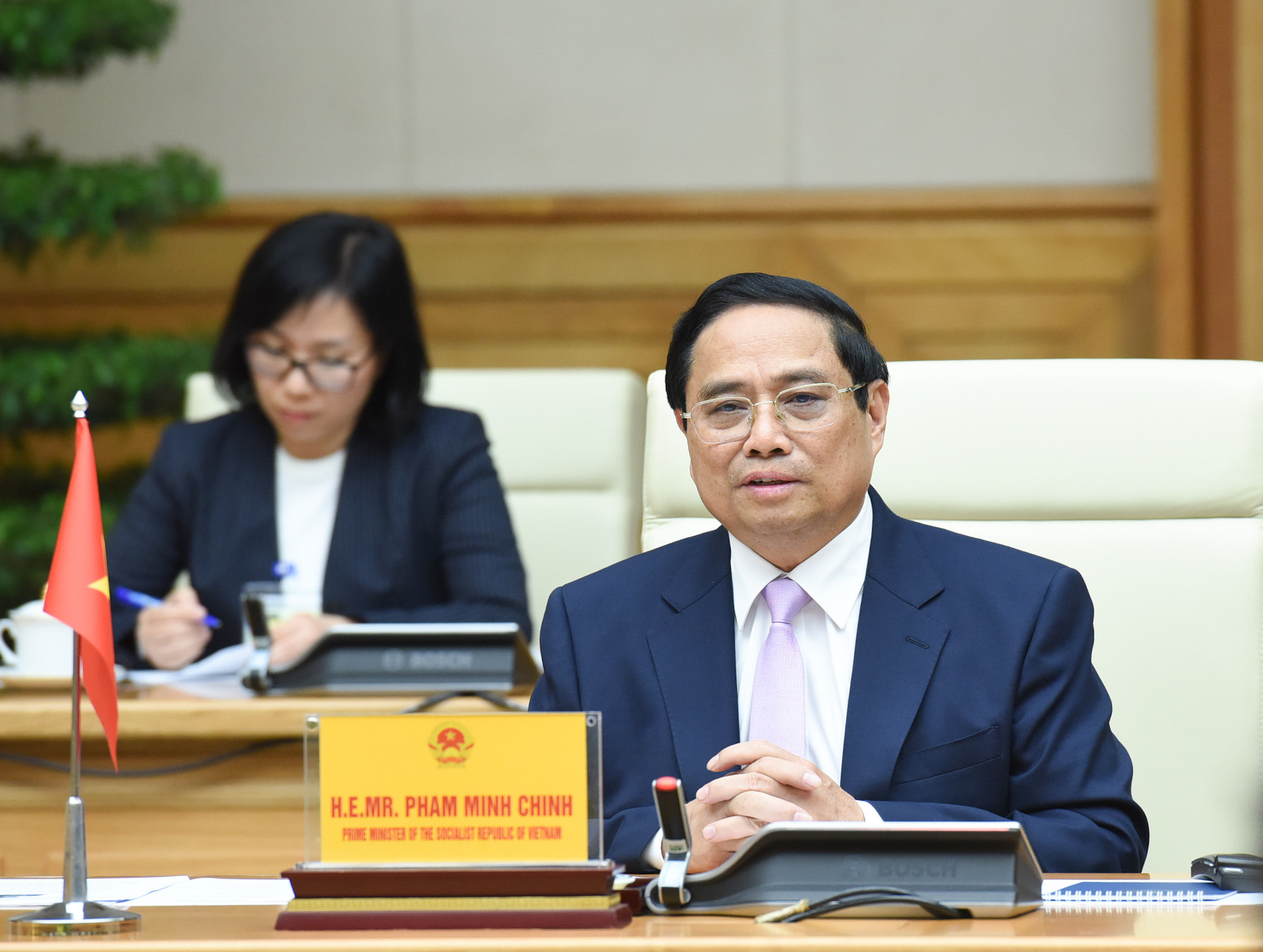 Thủ tướng Phạm Minh Chính phát biểu tại hội kiến với Tổng thống Cộng hòa Mozambique Filipe Jacinto Nyusi.