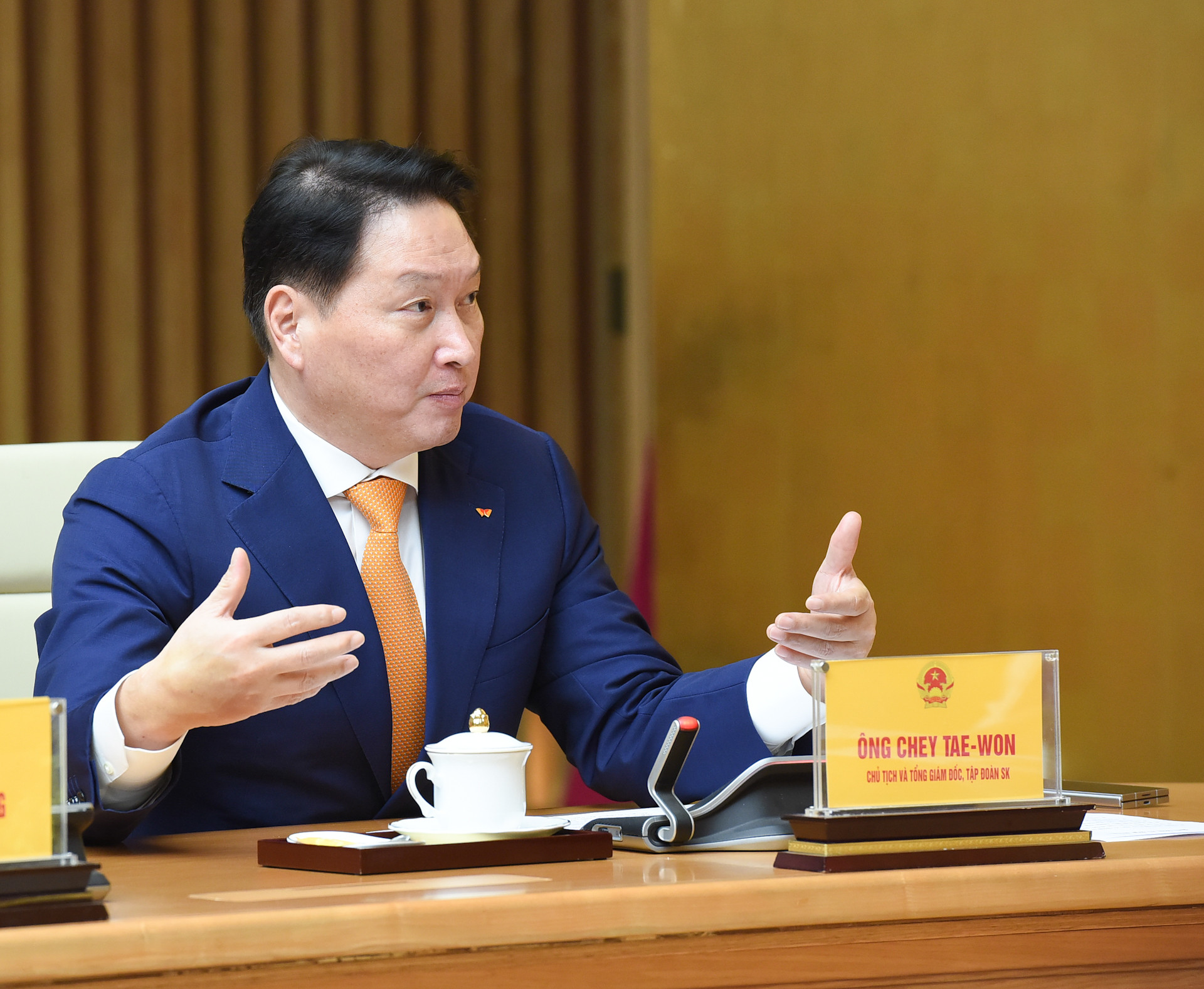 Ông Chey Tae Won, Chủ tịch tập đoàn SK của Hàn Quốc phát biểu tại buổi tiếp.