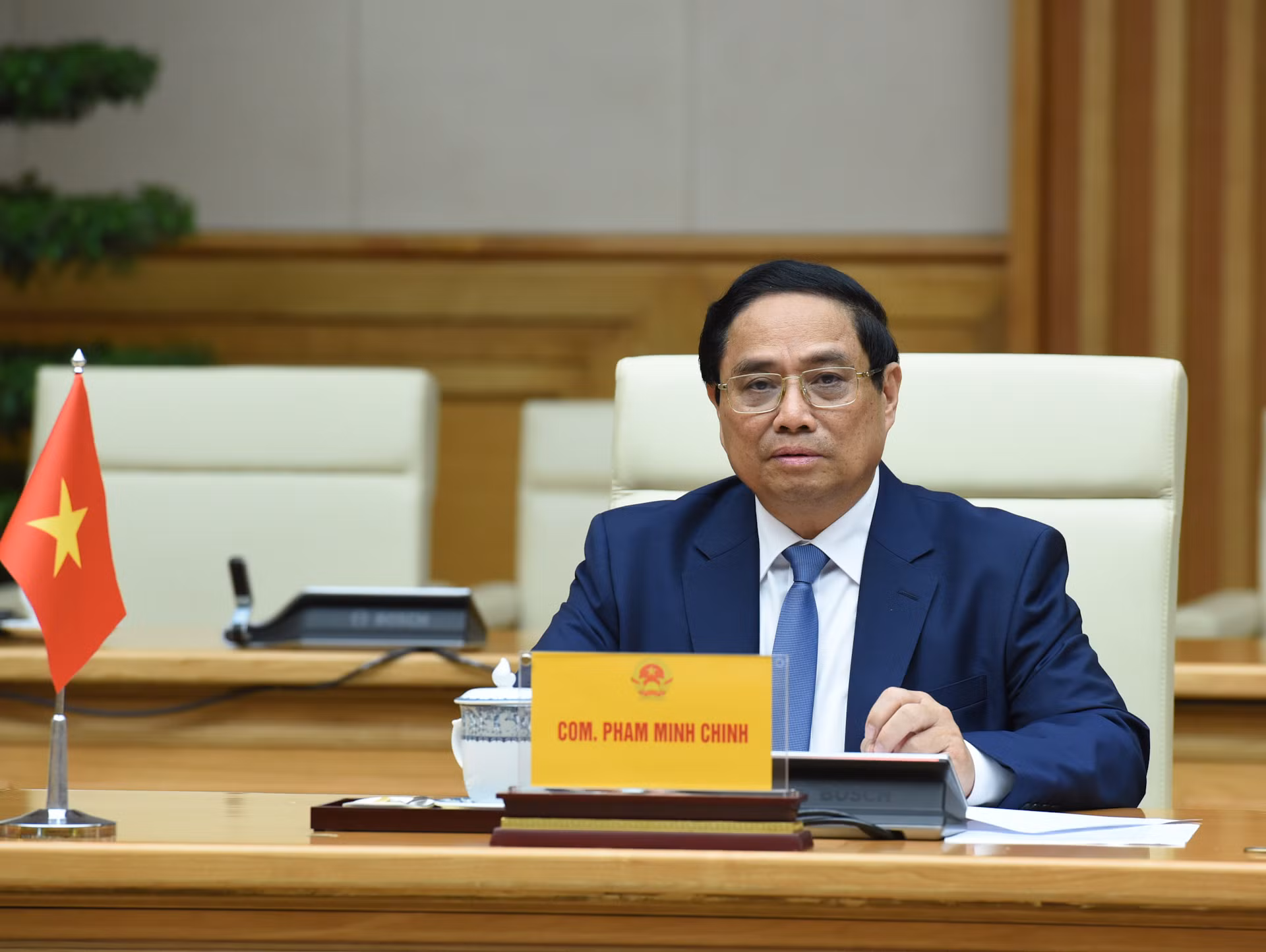 Thủ tướng Phạm Minh Chính phát biểu tại hội kiến Tổng Bí thư, Chủ tịch nước Lào Thongloun Sisoulith.