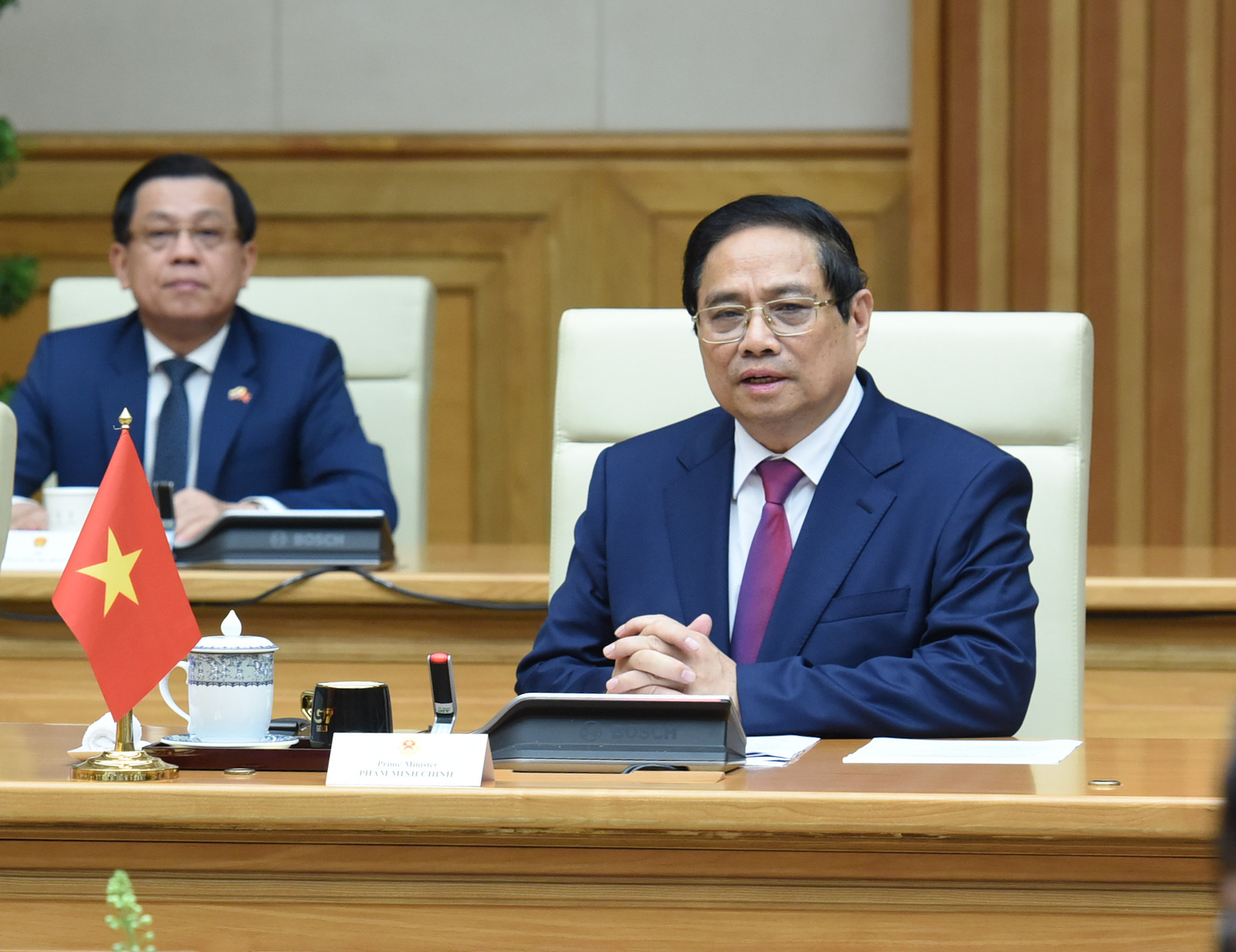 Thủ tướng Phạm Minh Chính phát biểu tại hội đàm với Thủ tướng Vương quốc Thái Lan Paetongtarn Shinawatra.