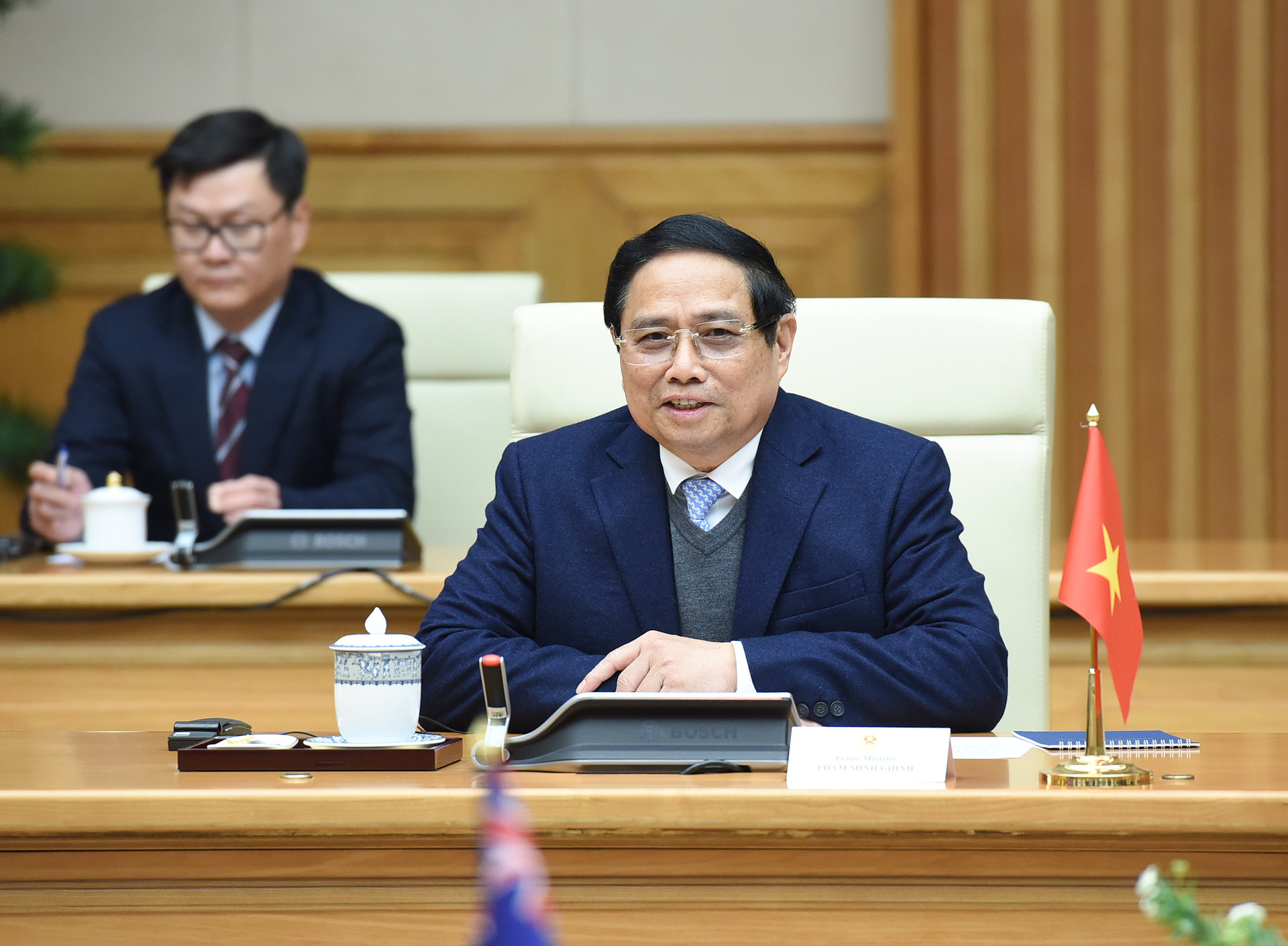 Thủ tướng Phạm Minh Chính phát biểu tại hội đàm với Thủ tướng New Zealand Christopher Luxon.