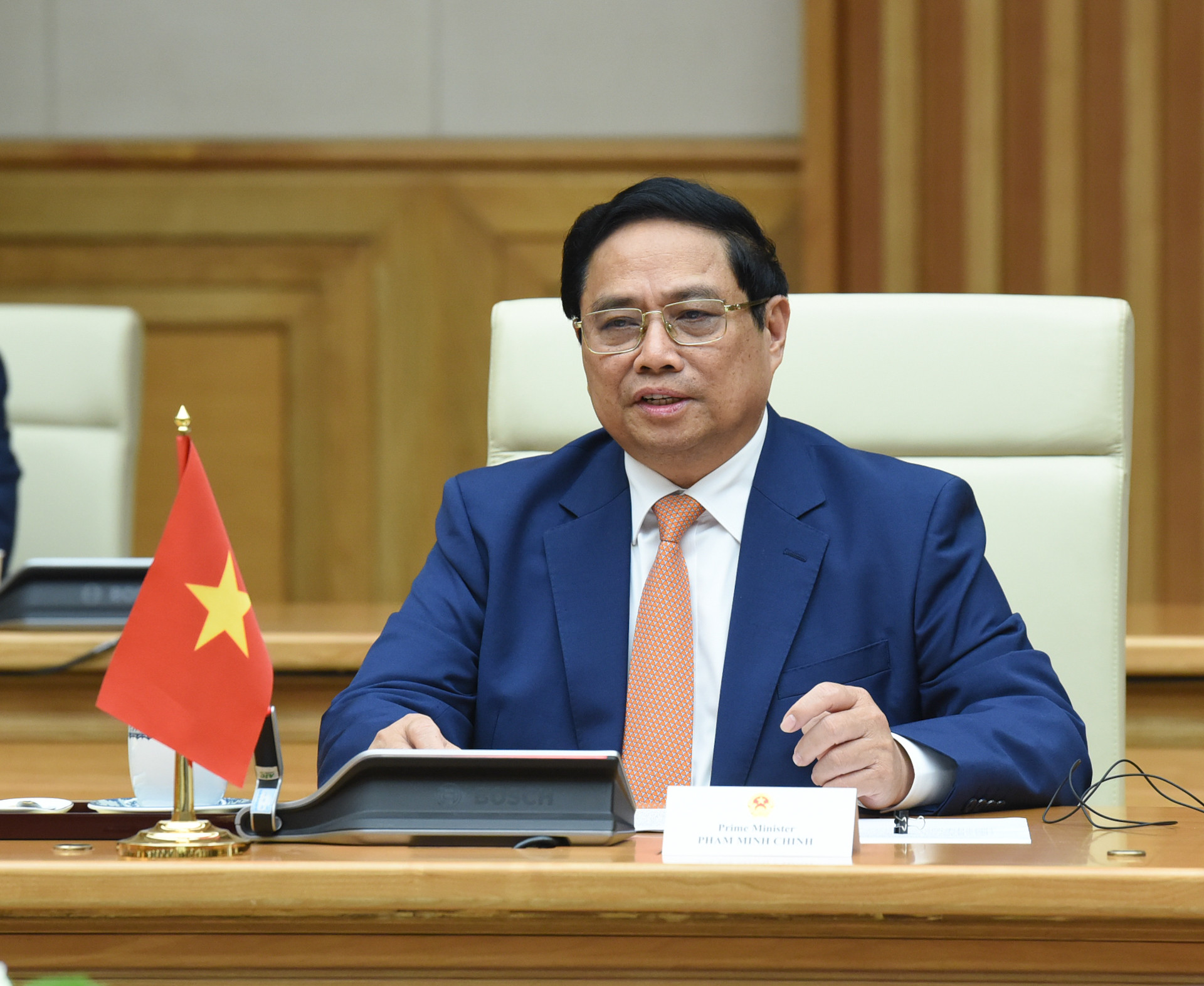 Thủ tướng Phạm Minh Chính phát biểu tại hội kiến với Tổng thống Bulgaria Rumen Radev.