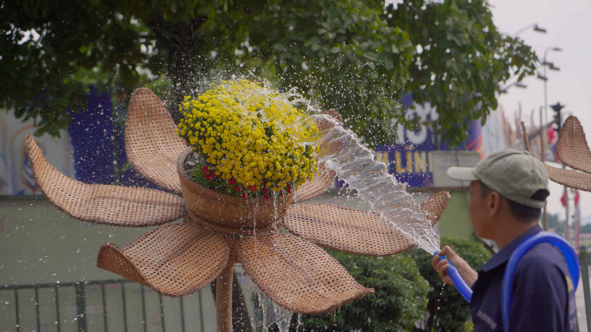 Một số tiểu cảnh đang được các công nhân gấp rút hoàn thiện, hàng chục loại hoa với đủ kích thước, màu sắc được sử dụng để trang trí đường hoa.