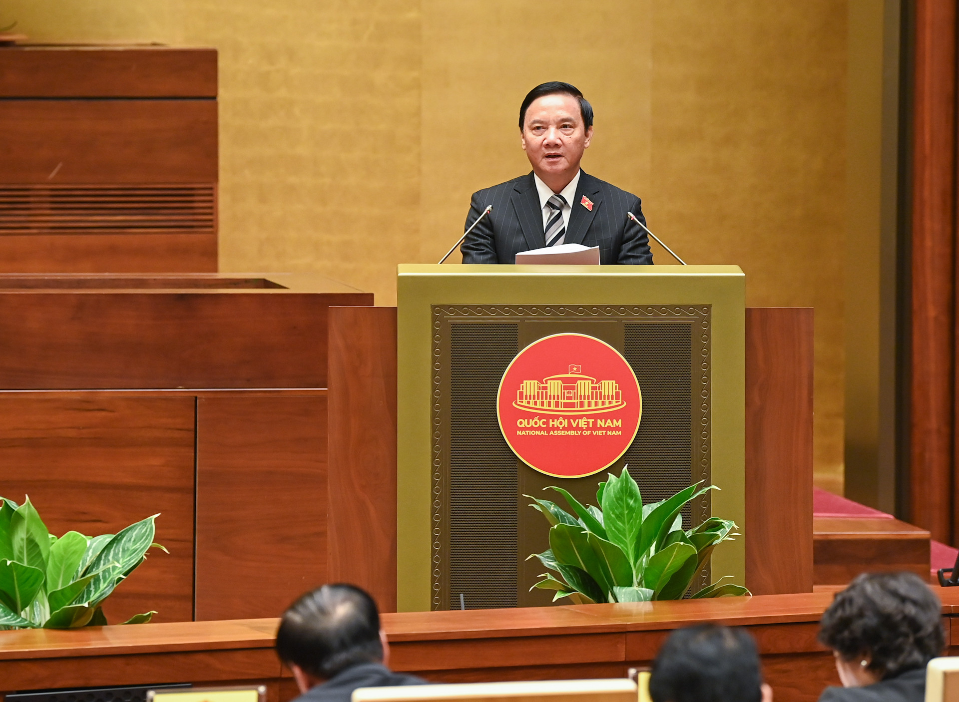 Phó Chủ tịch Quốc hội Nguyễn Khắc Định trình bày báo cáo tại hội nghị.