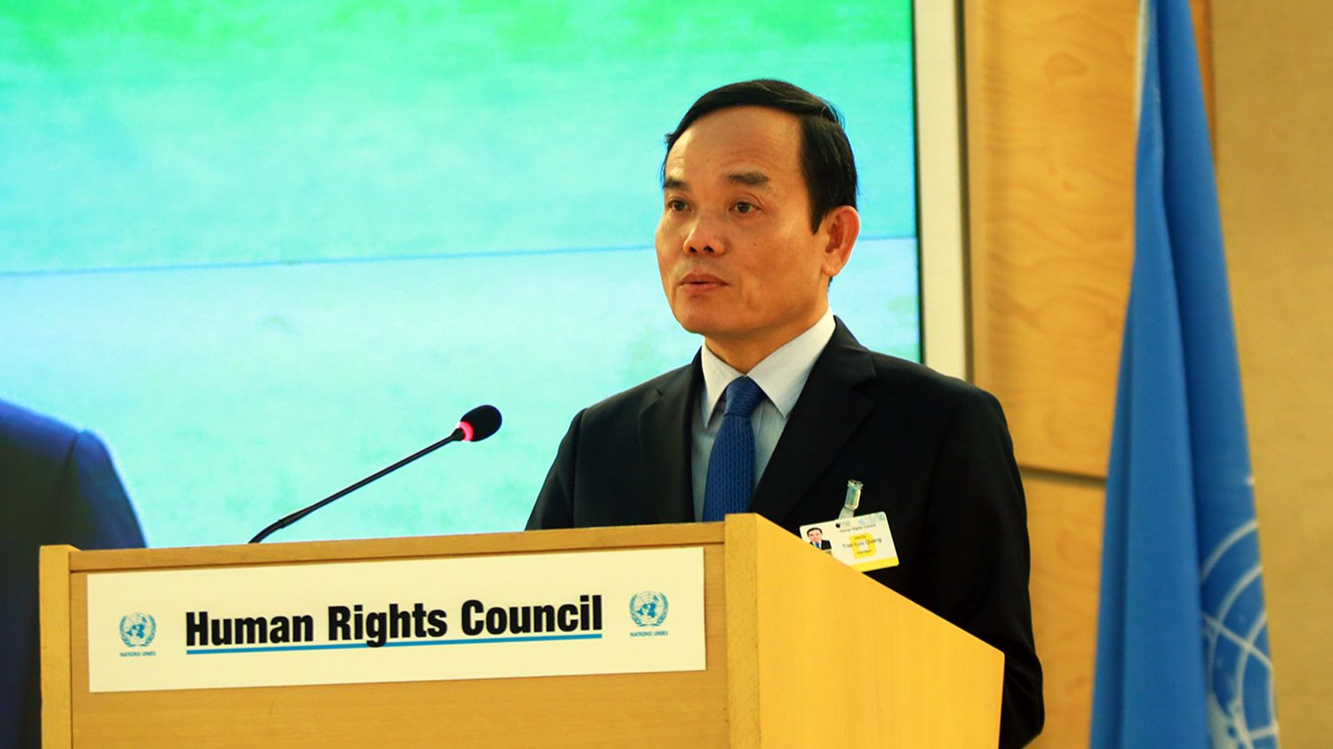 Phó Thủ tướng Chính phủ Trần Lưu Quang phát biểu tại phiên họp Khóa họp lần thứ 52 của Hội đồng Nhân quyền Liên hợp quốc tại Geneva, Thụy Sĩ. (Nguồn: VGP)