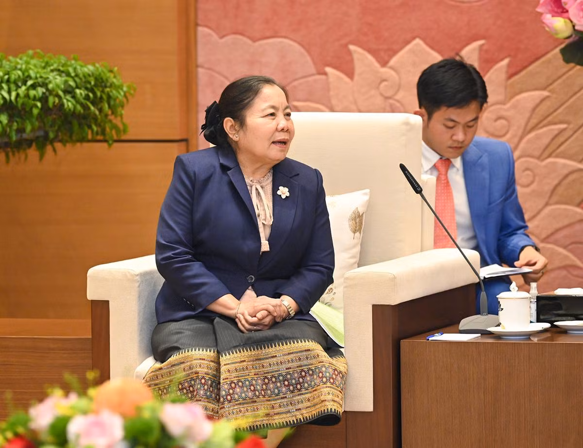 Trưởng Ban Tổ chức Trung ương Đảng Nhân dân Cách mạng Lào Sisay Leudetmounsone phát biểu tại buổi tiếp.