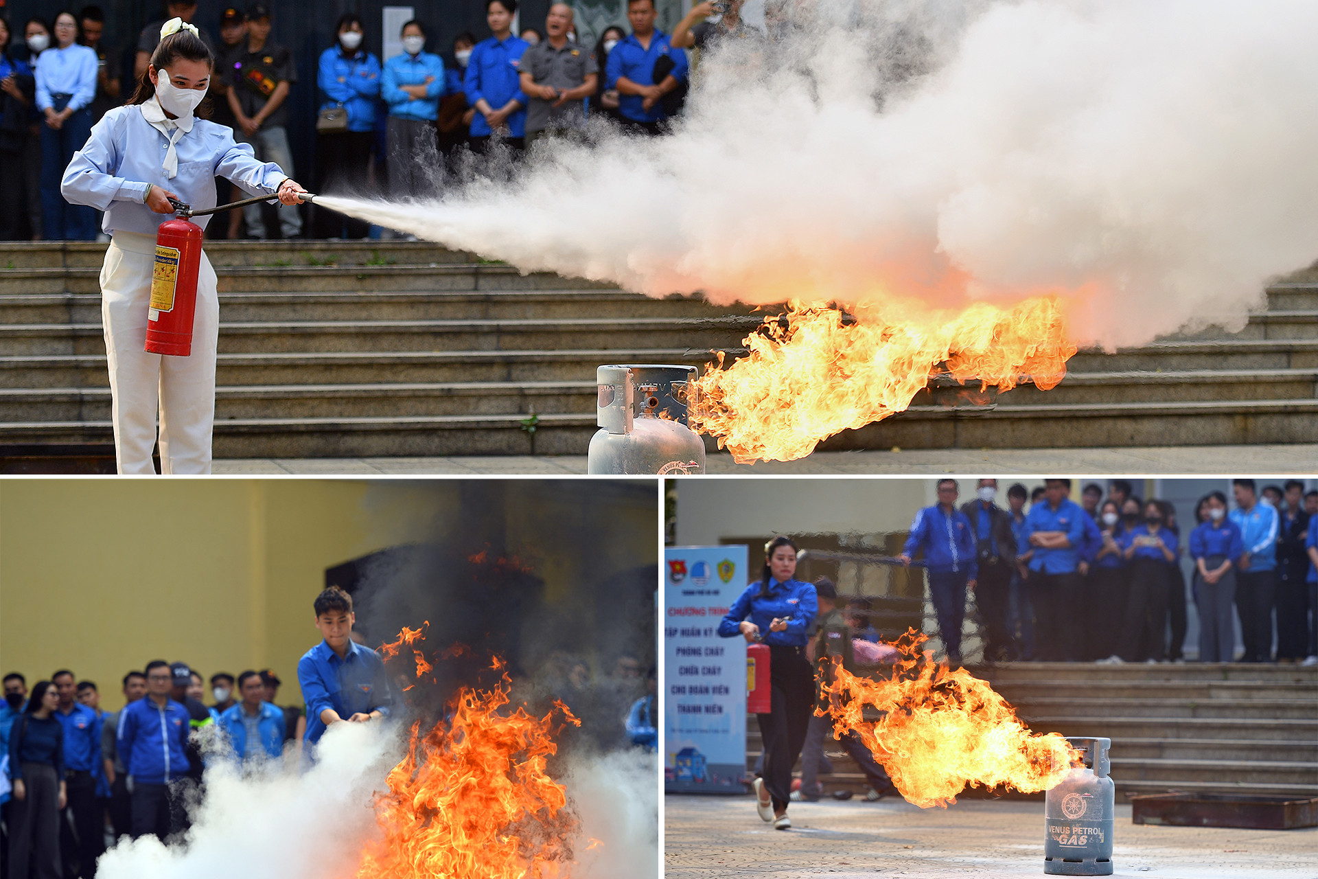 Các bạn trẻ đã được trang bị lý thuyết và quan trọng hơn là thực hành trực tiếp về cách dùng bình chữa cháy, sử dụng phương tiện thô sơ như chăn ướt dập đám cháy giả định.