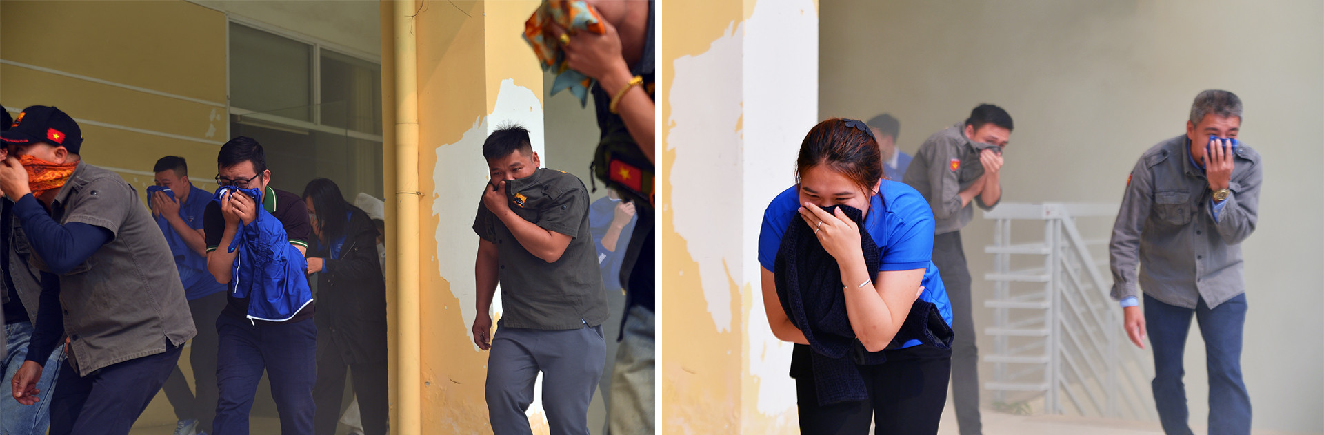 Tình huống giả định đặt ra là toàn bộ khu vực tập huấn bị cháy, khói nhanh chóng tràn vào các phòng.